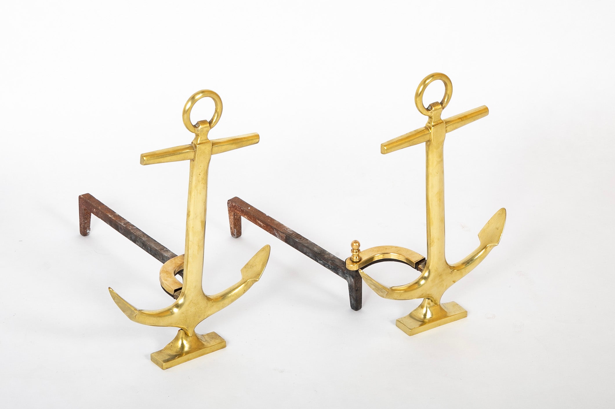 A Pair of Vintage Brass Anchor Form Andirons