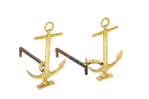 A Pair of Vintage Brass Anchor Form Andirons