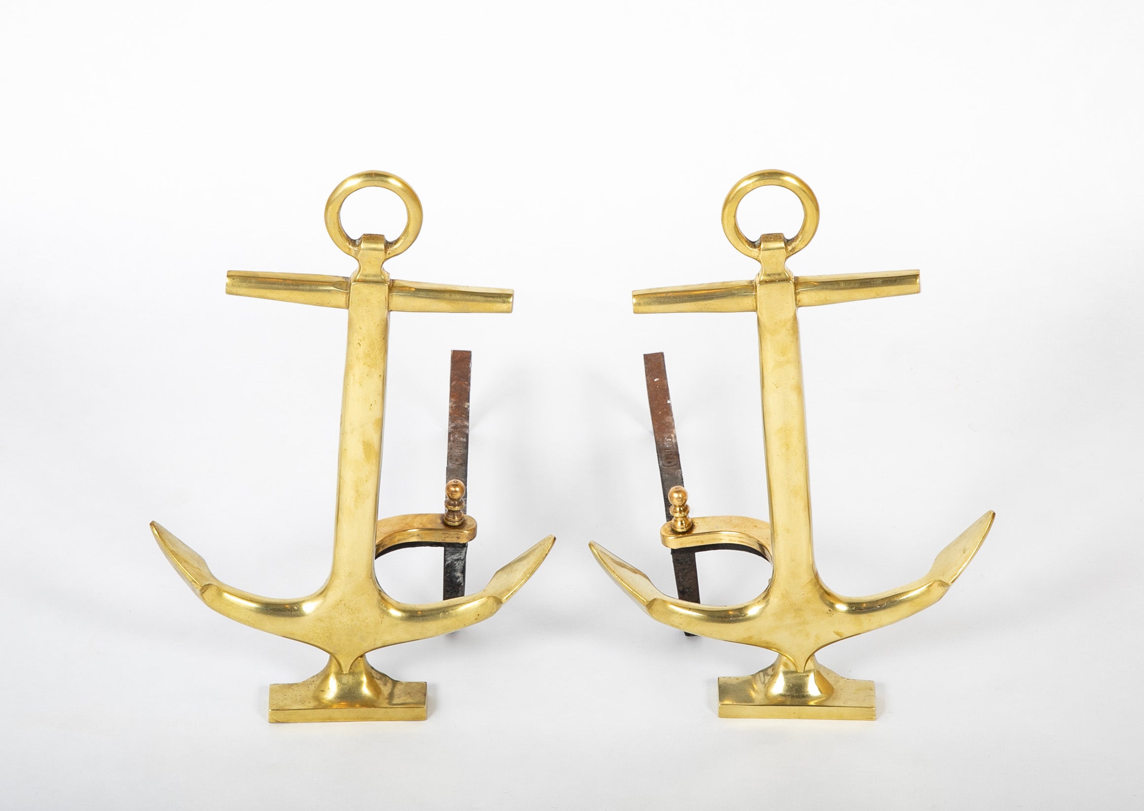 A Pair of Vintage Brass Anchor Form Andirons