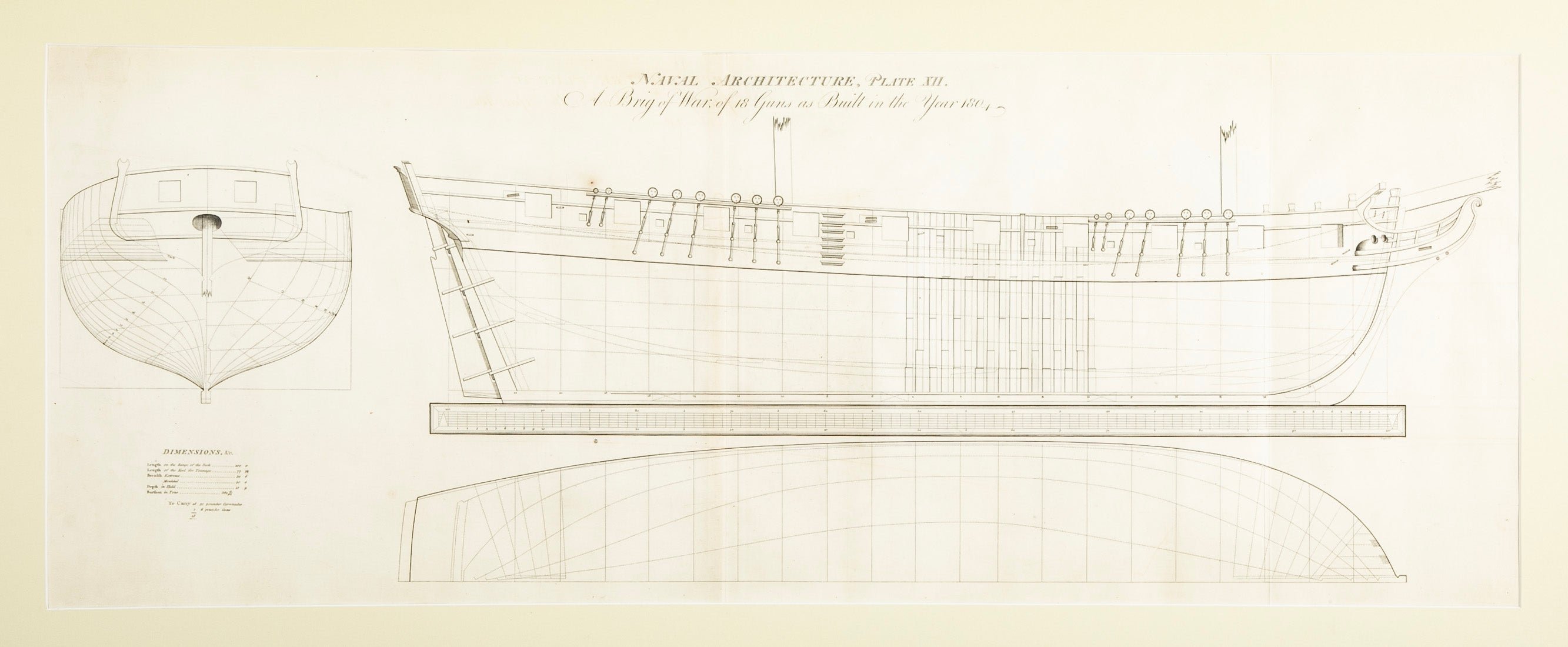 Original Early 19th Century Ship Plan for 18 Gun Navy Brig of War