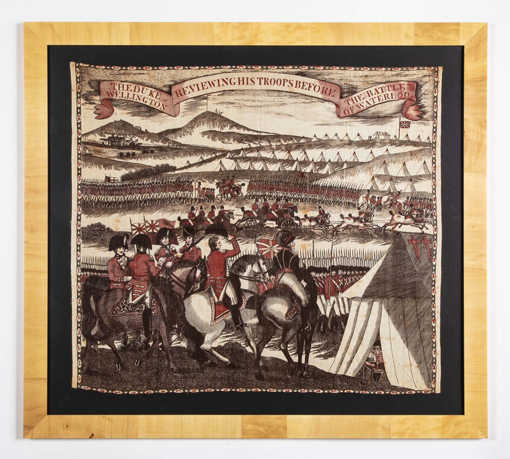 "The Duke of Wellington Reviewing the Troops Before the Battle of Waterloo" Rare Early 19th Century Printed Cotton