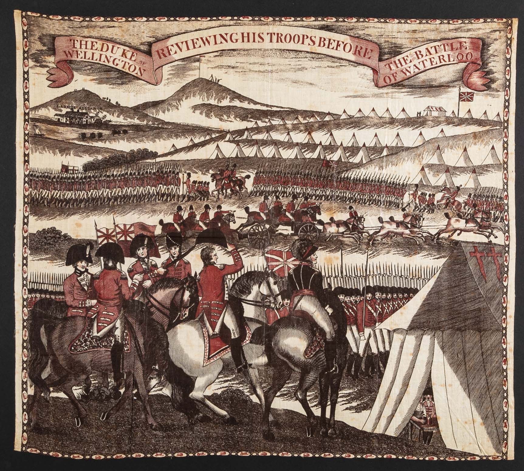 "The Duke of Wellington Reviewing the Troops Before the Battle of Waterloo" Rare Early 19th Century Printed Cotton