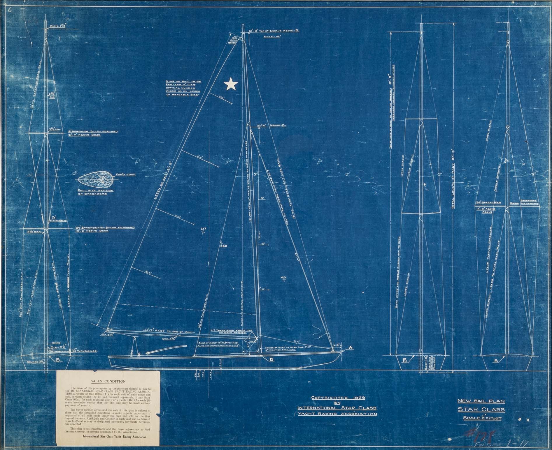 1929 Original Blueprint for International Star Class Racing One Design Sail Boat