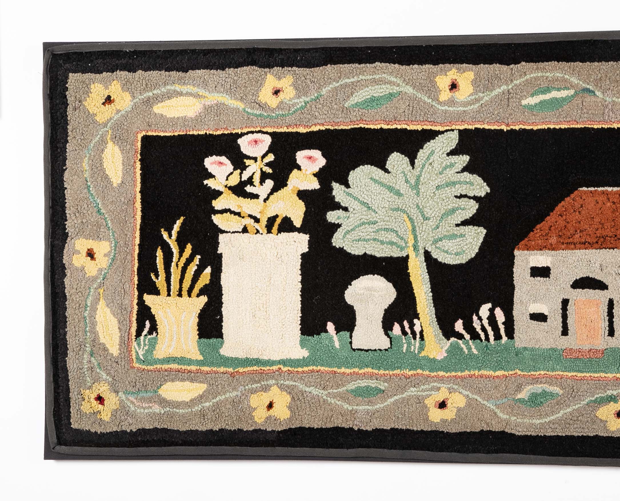 Late 19th Century American Hooked Rug with House, Tree, Gazebo, Peacock on Roof and Various Floral Elements