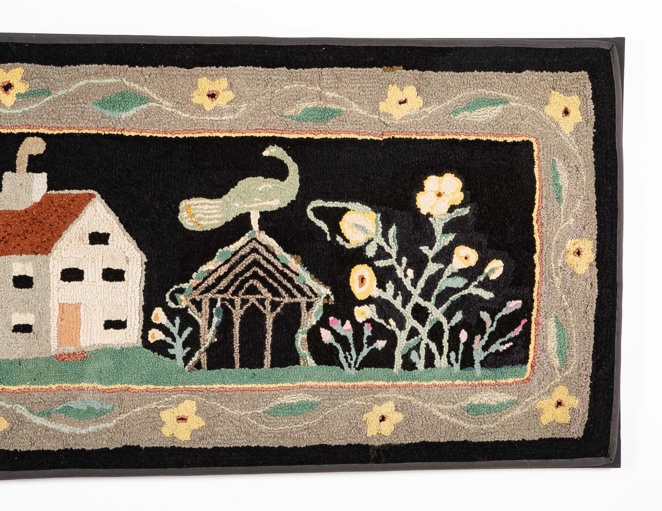 Late 19th Century American Hooked Rug with House, Tree, Gazebo, Peacock on Roof and Various Floral Elements