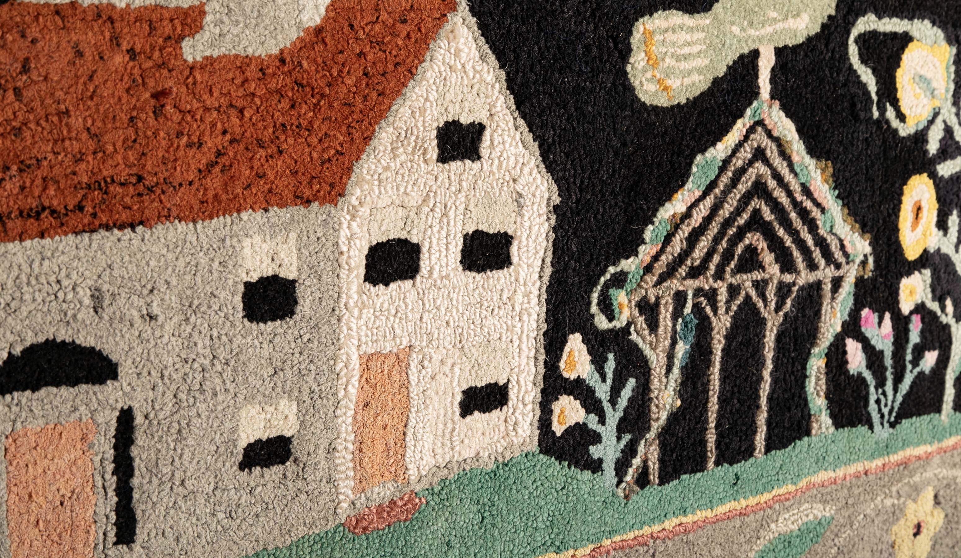 Late 19th Century American Hooked Rug with House, Tree, Gazebo, Peacock on Roof and Various Floral Elements