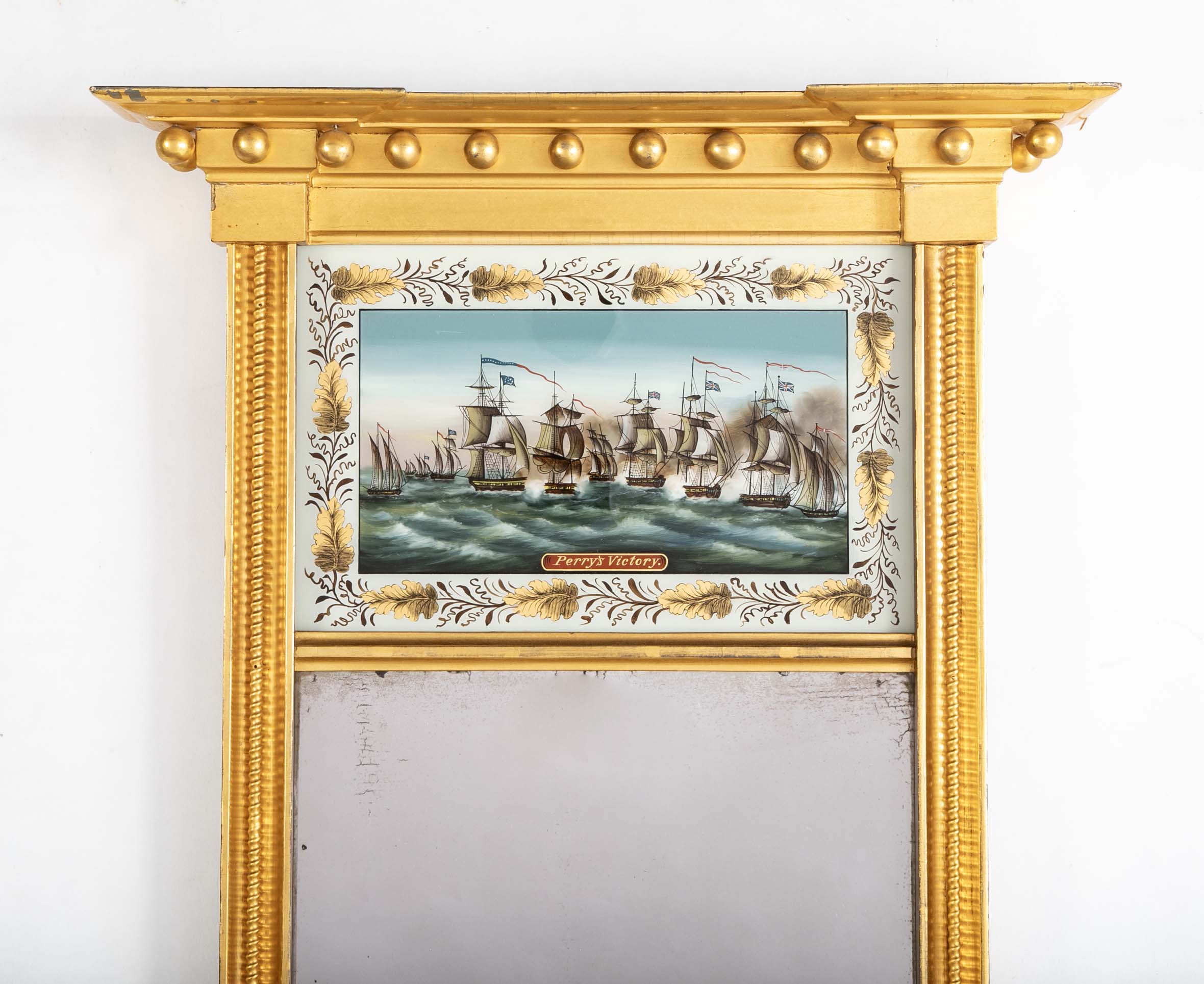 American Giltwood Framed Mirror with Eglomise Panel Painting Titled "Perry's Victory"