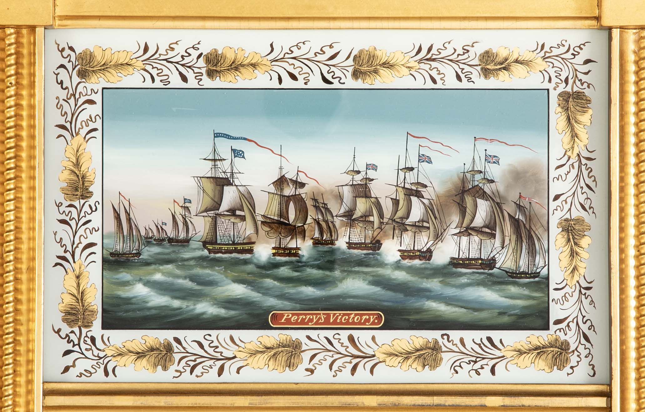 American Giltwood Framed Mirror with Eglomise Panel Painting Titled "Perry's Victory"