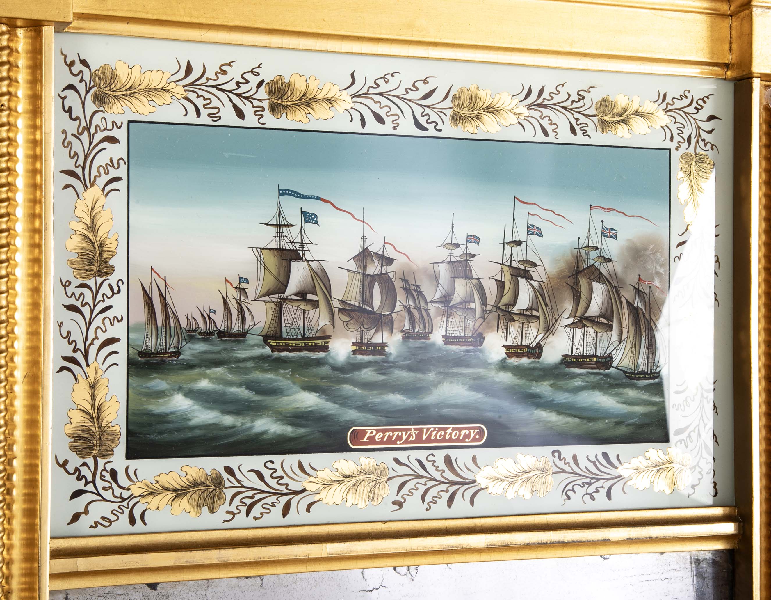 American Giltwood Framed Mirror with Eglomise Panel Painting Titled "Perry's Victory"