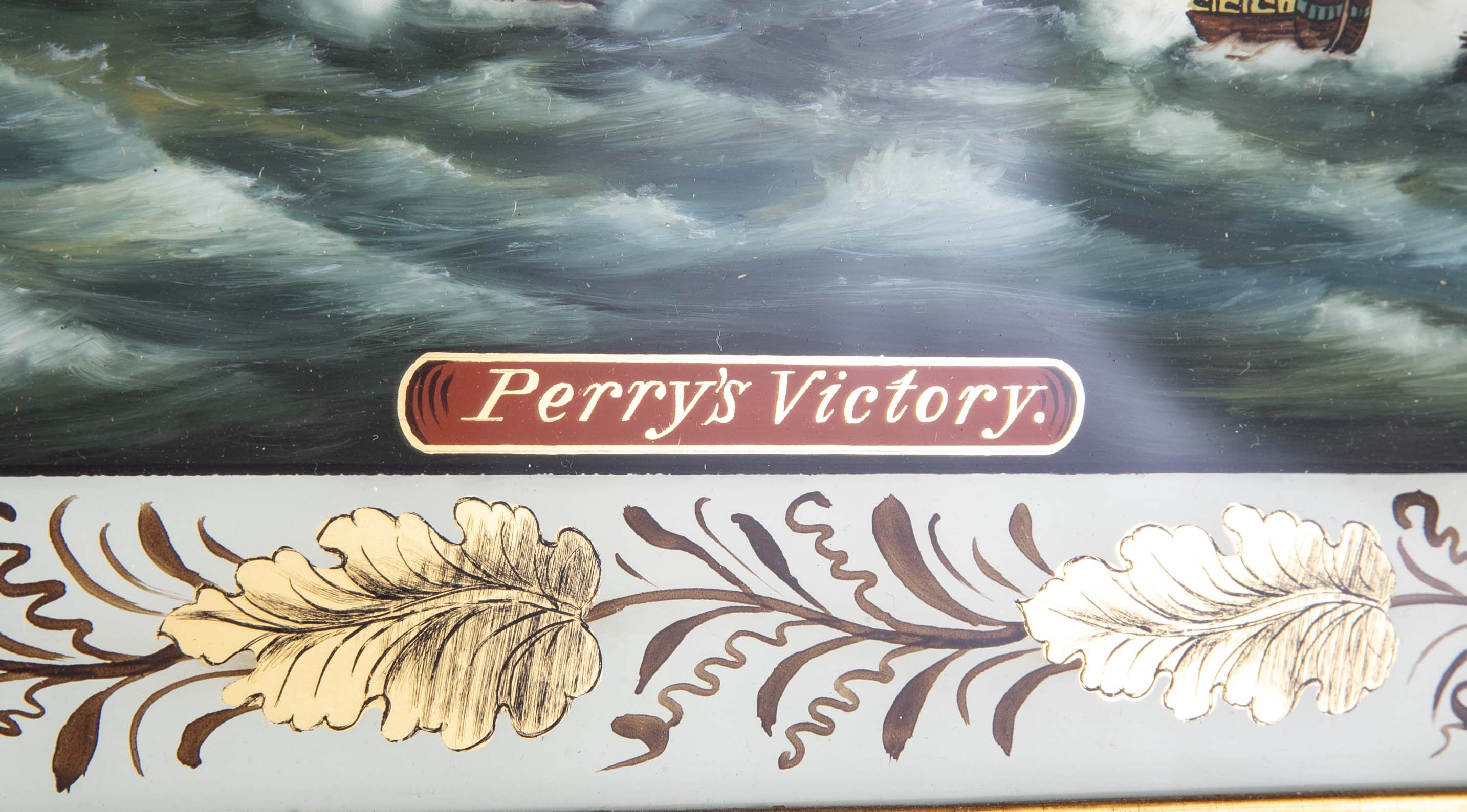 American Giltwood Framed Mirror with Eglomise Panel Painting Titled "Perry's Victory"
