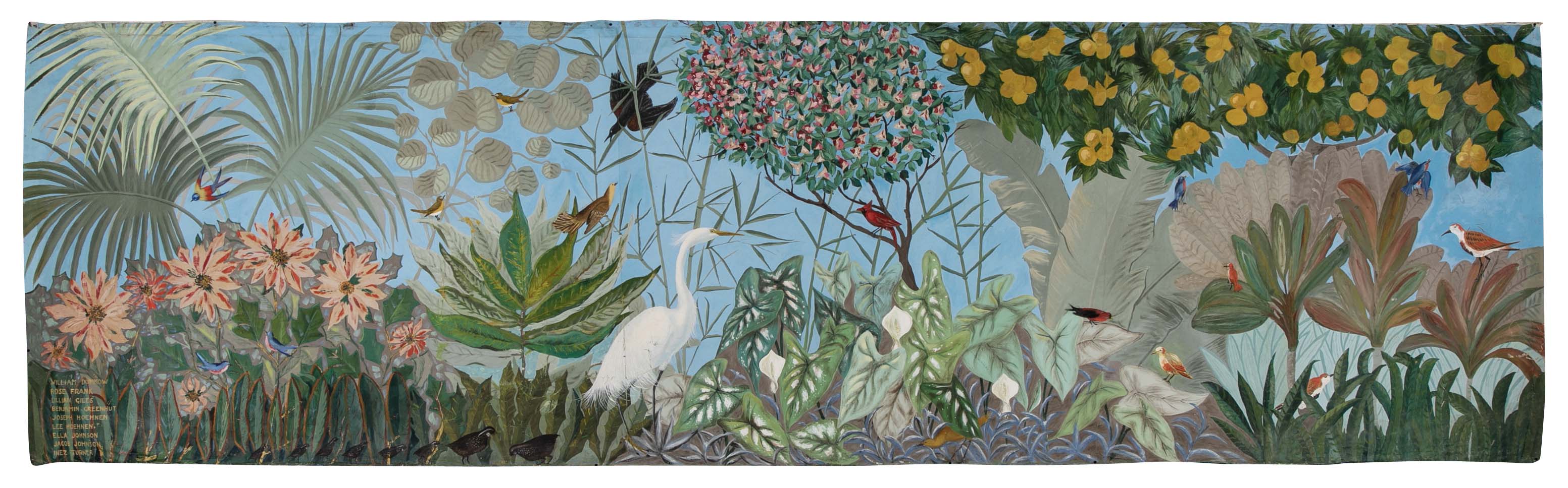 Large Mural in Tempera Paint Featuring Birds, Foliage & Flowers by 9 Artists
