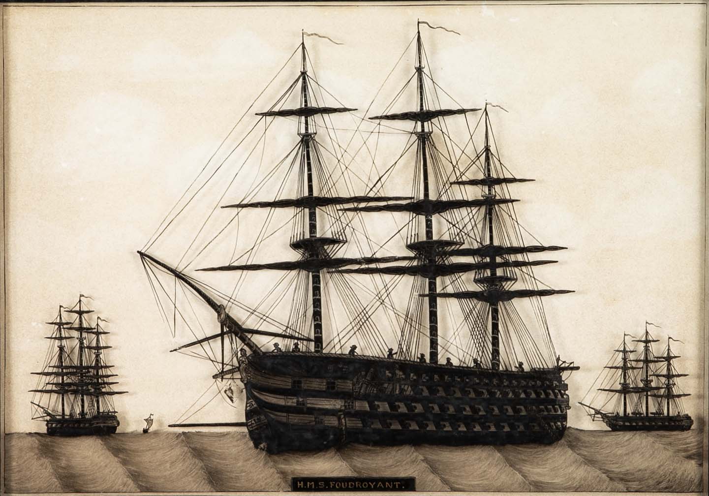 Pair of 19th Century British Eglomise Portraits of 2 Royal Navy Ships : HMS Foudroyant & HMS Royal Albert