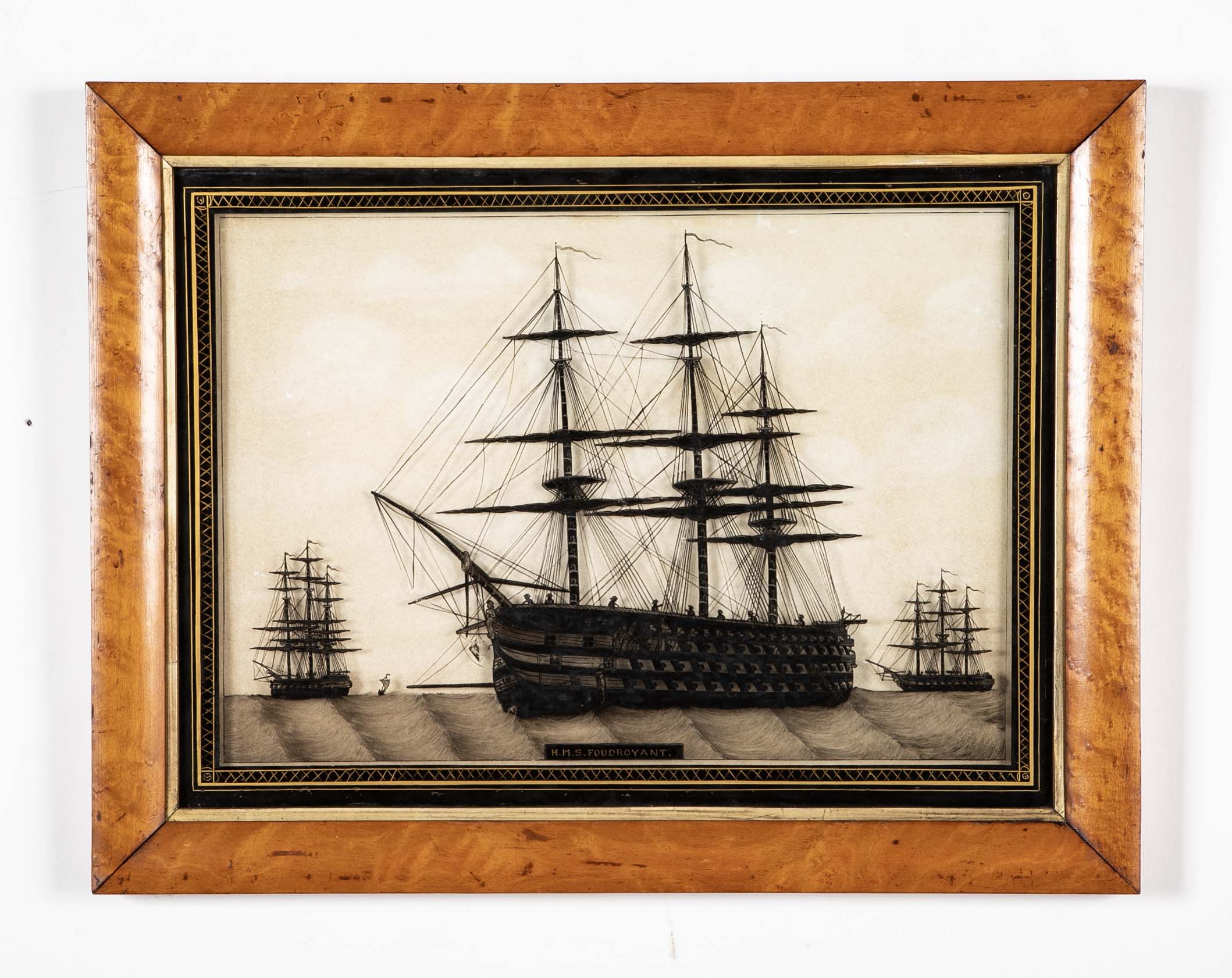 Pair of 19th Century British Eglomise Portraits of 2 Royal Navy Ships : HMS Foudroyant & HMS Royal Albert