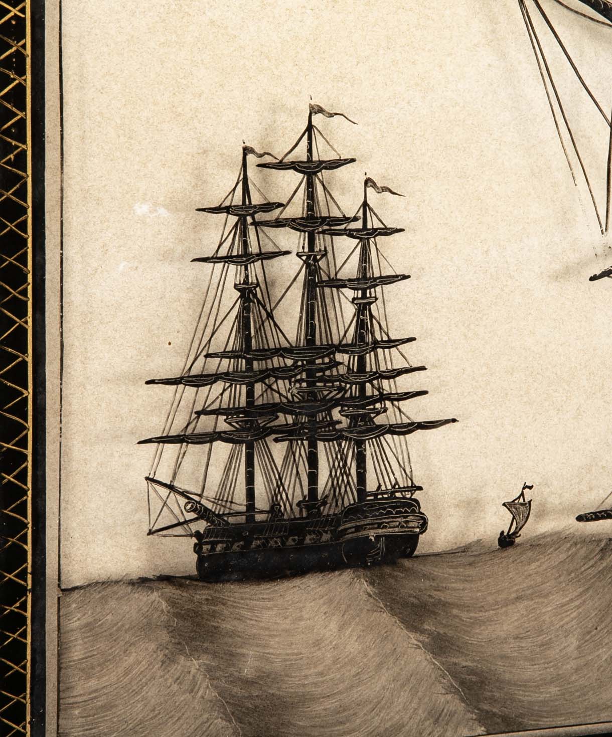 Pair of 19th Century British Eglomise Portraits of 2 Royal Navy Ships : HMS Foudroyant & HMS Royal Albert