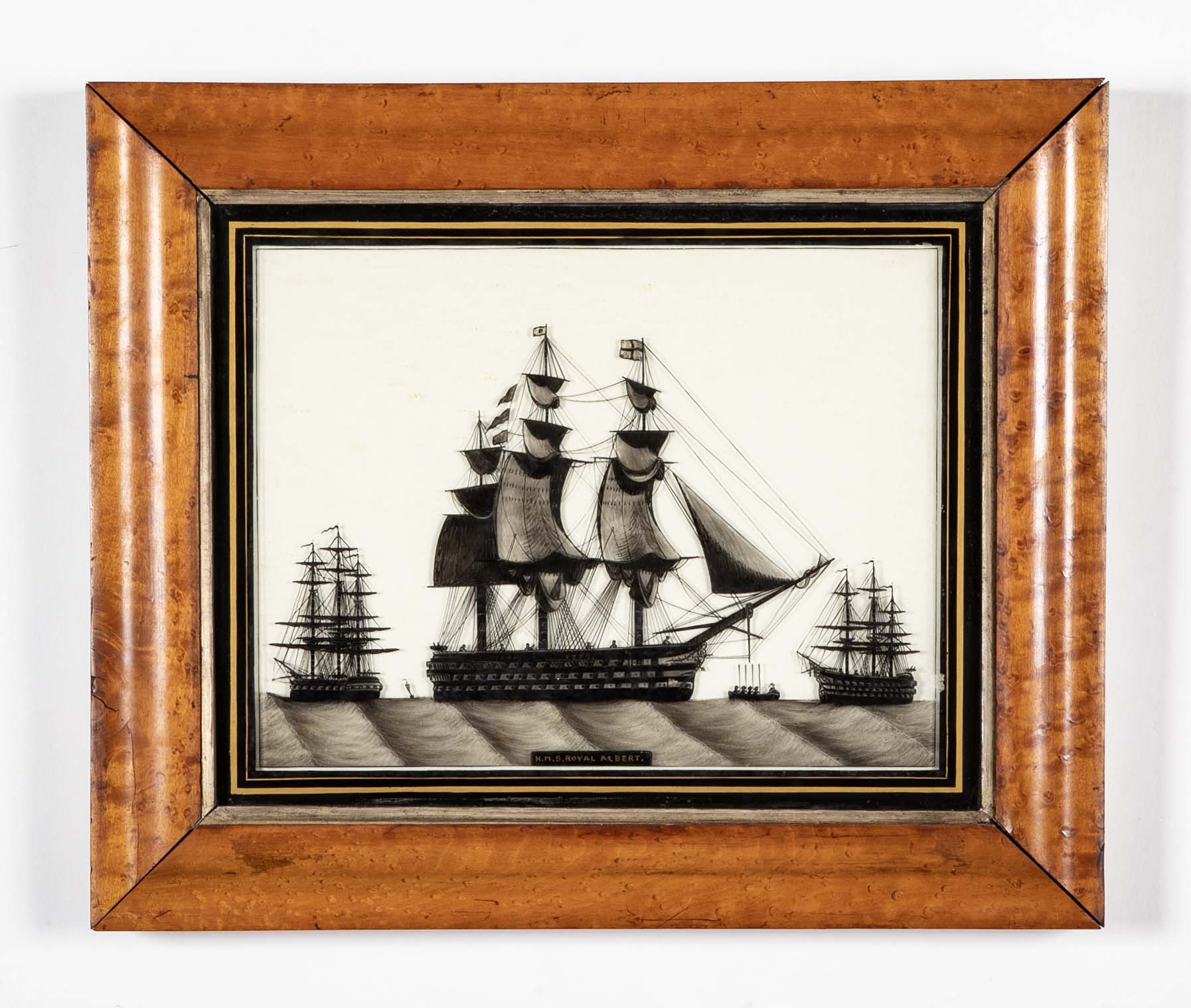 Pair of 19th Century British Eglomise Portraits of 2 Royal Navy Ships : HMS Foudroyant & HMS Royal Albert