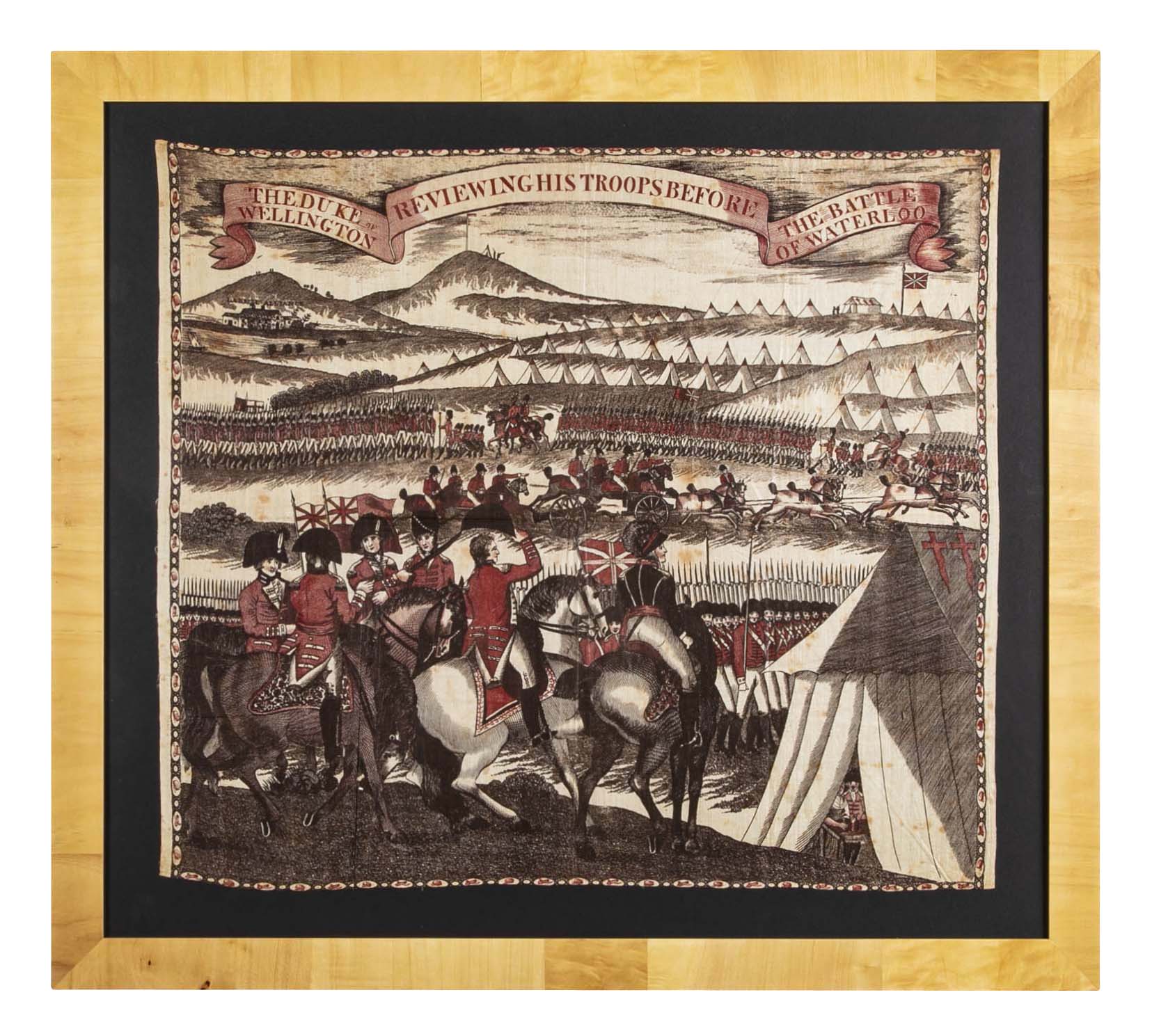 "The Duke of Wellington Reviewing the Troops Before the Battle of Waterloo" Rare Early 19th Century Printed Cotton