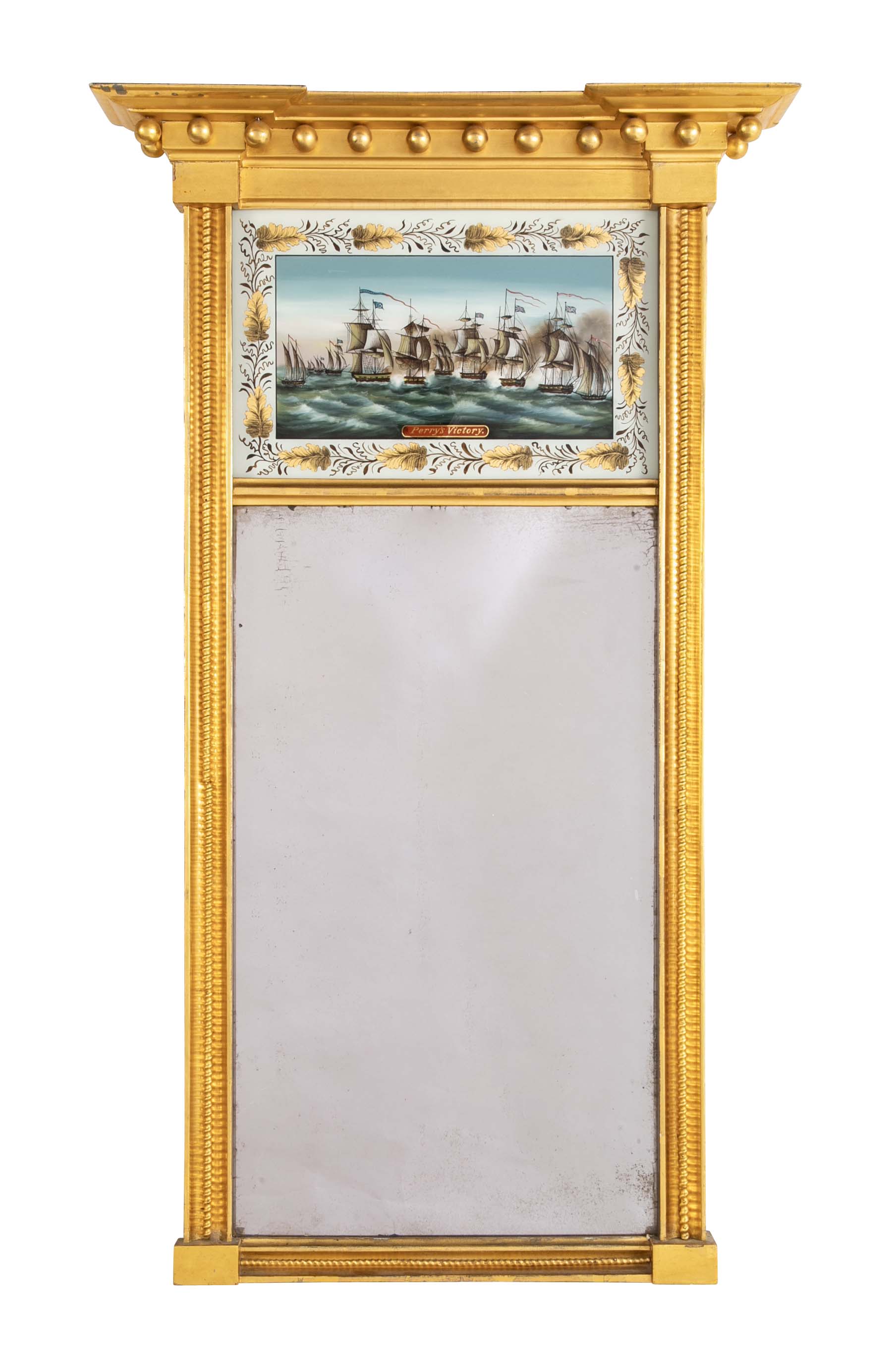 American Giltwood Framed Mirror with Eglomise Panel Painting Titled "Perry's Victory"