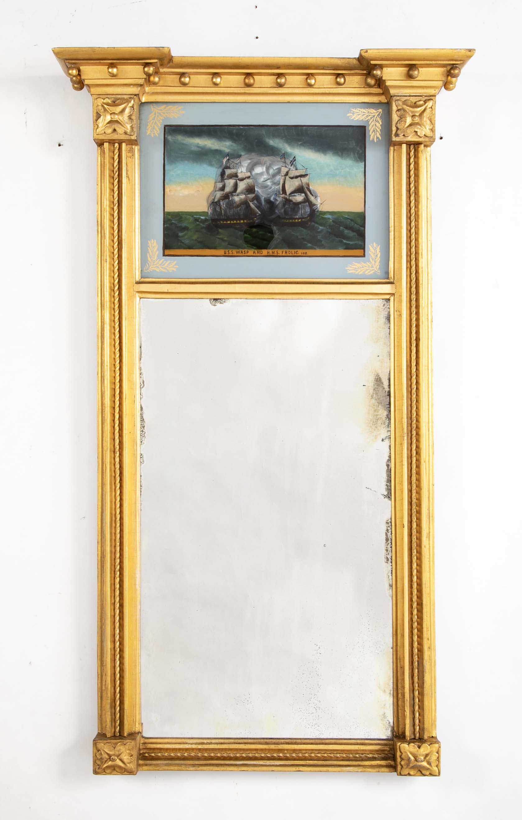 American Mirror with Eglomise Panel Showing War of 1812 Battle Between USS Wasp & HMS Frolic