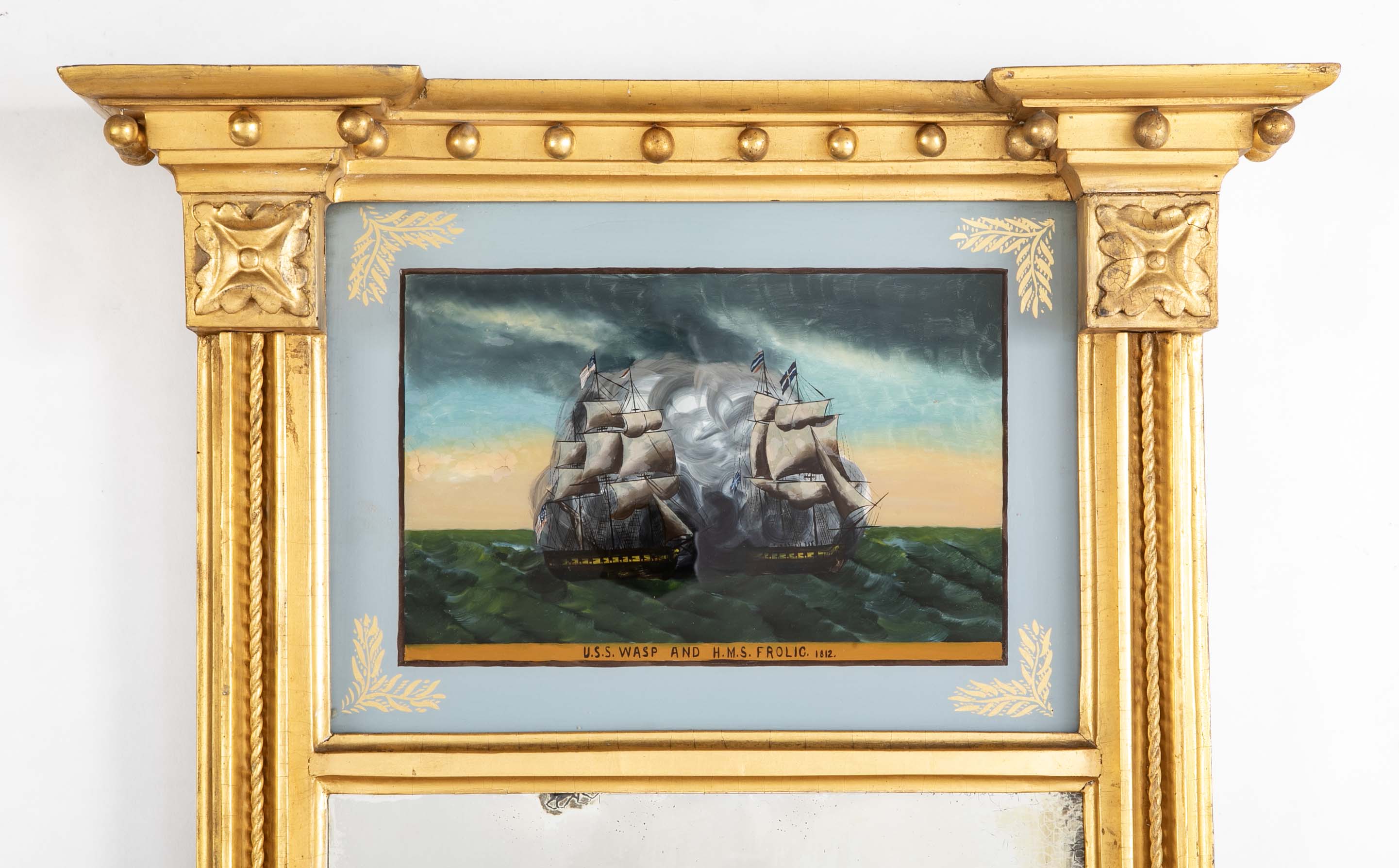 American Mirror with Eglomise Panel Showing War of 1812 Battle Between USS Wasp & HMS Frolic