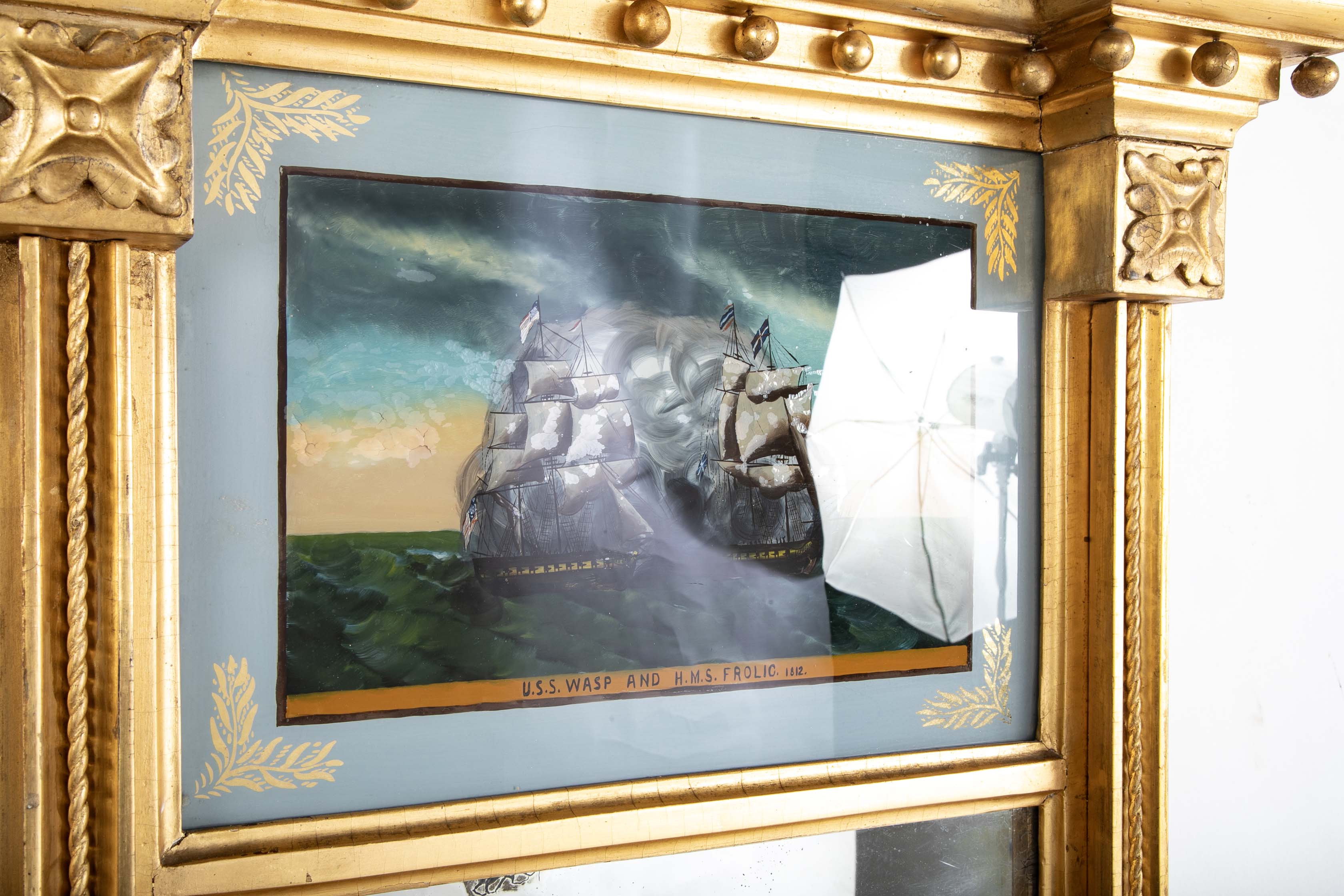 American Mirror with Eglomise Panel Showing War of 1812 Battle Between USS Wasp & HMS Frolic
