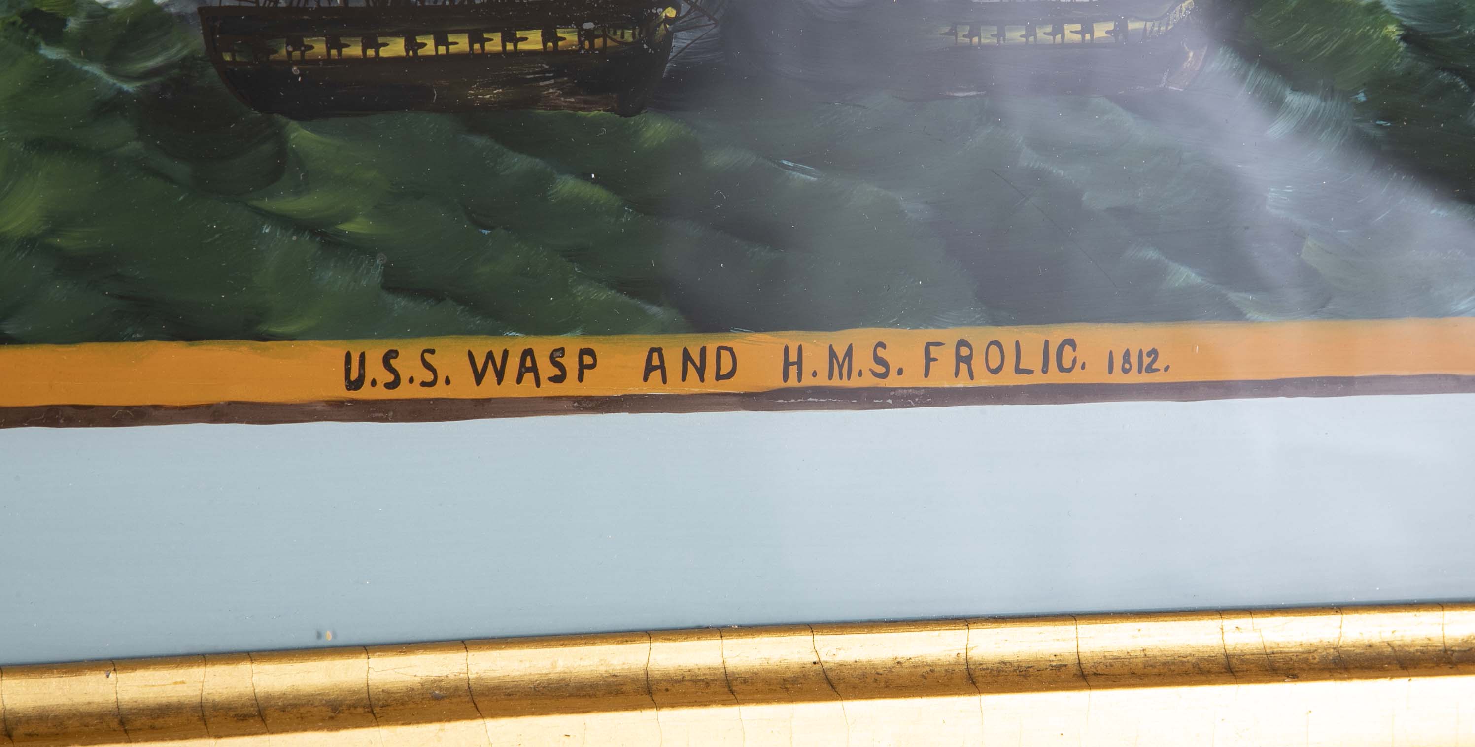 American Mirror with Eglomise Panel Showing War of 1812 Battle Between USS Wasp & HMS Frolic