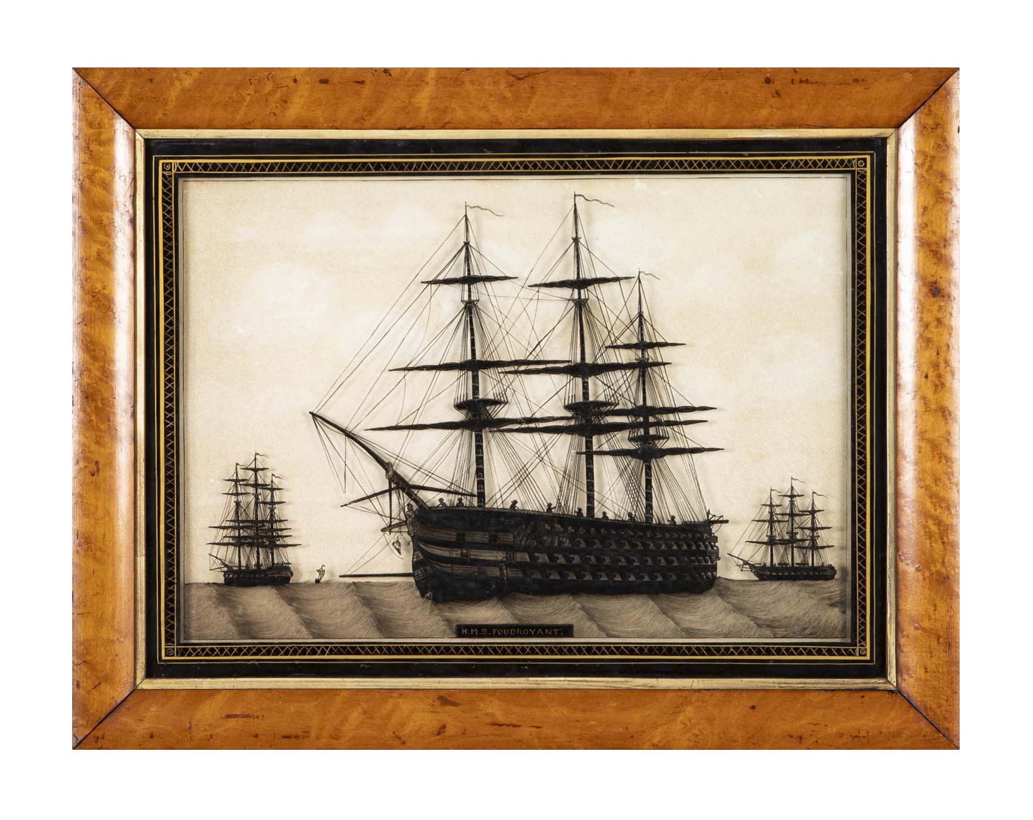 Pair of 19th Century British Eglomise Portraits of 2 Royal Navy Ships : HMS Foudroyant & HMS Royal Albert