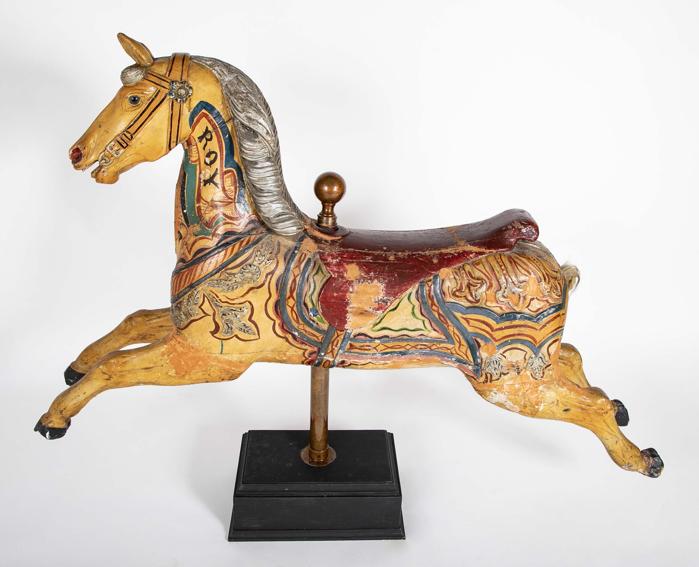 American Carved & Polychrome Wood Carousel Horse-“Roy” County Fair Style Circa 1890-1915 mounted on display stand.