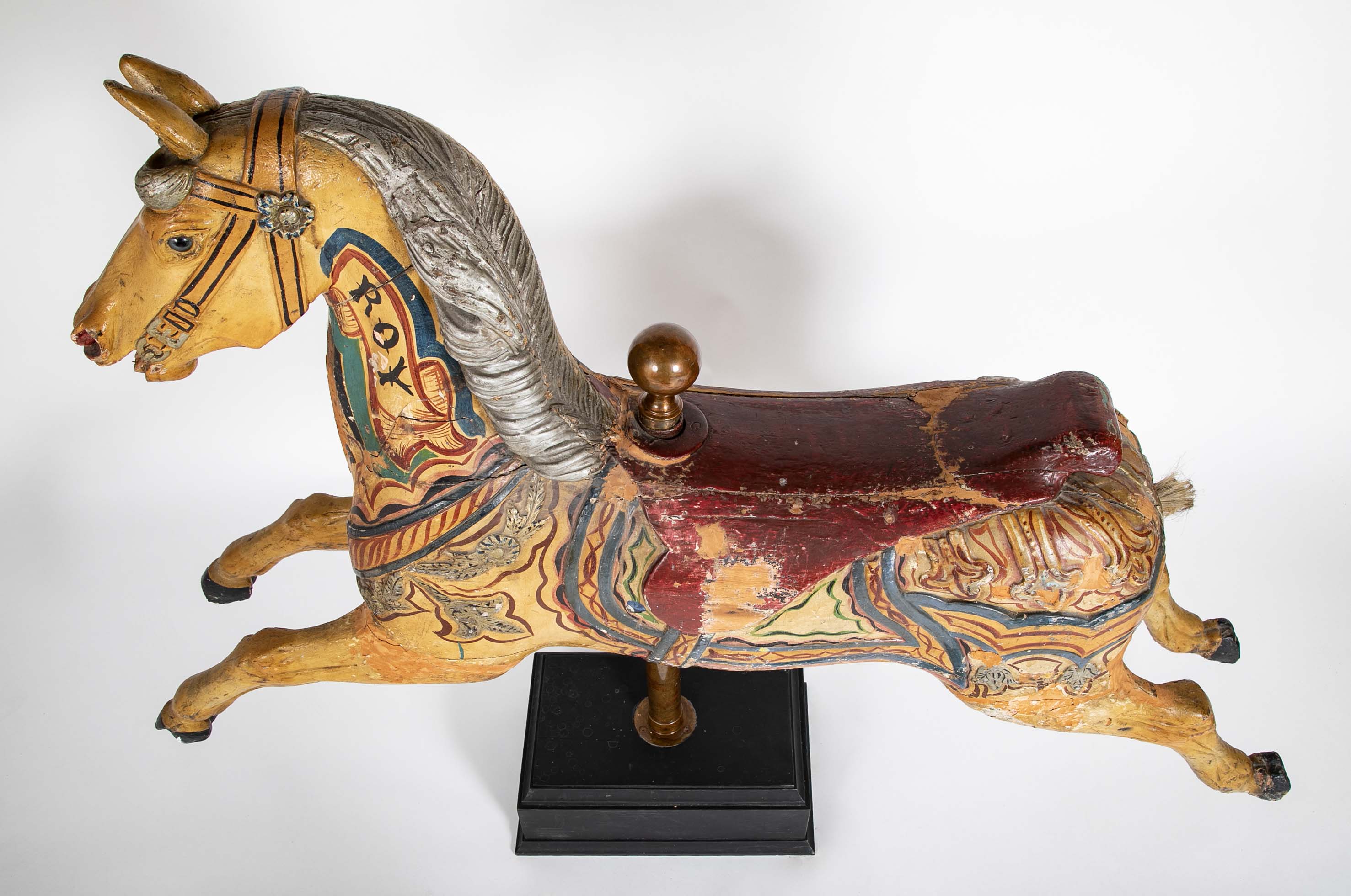 American Carved & Polychrome Wood Carousel Horse-“Roy” County Fair Style Circa 1890-1915 mounted on display stand.