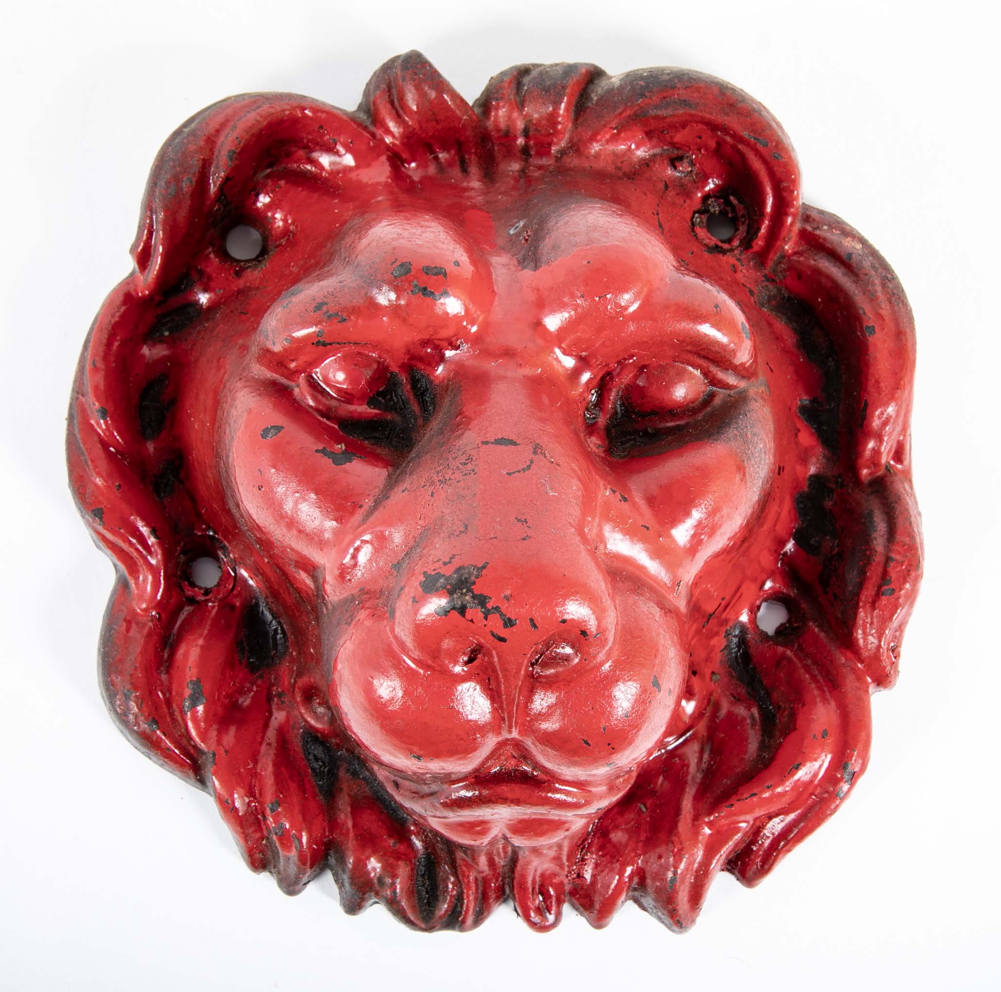 Pair of Red Painted Cast Iron Lion Head Wall Mounts