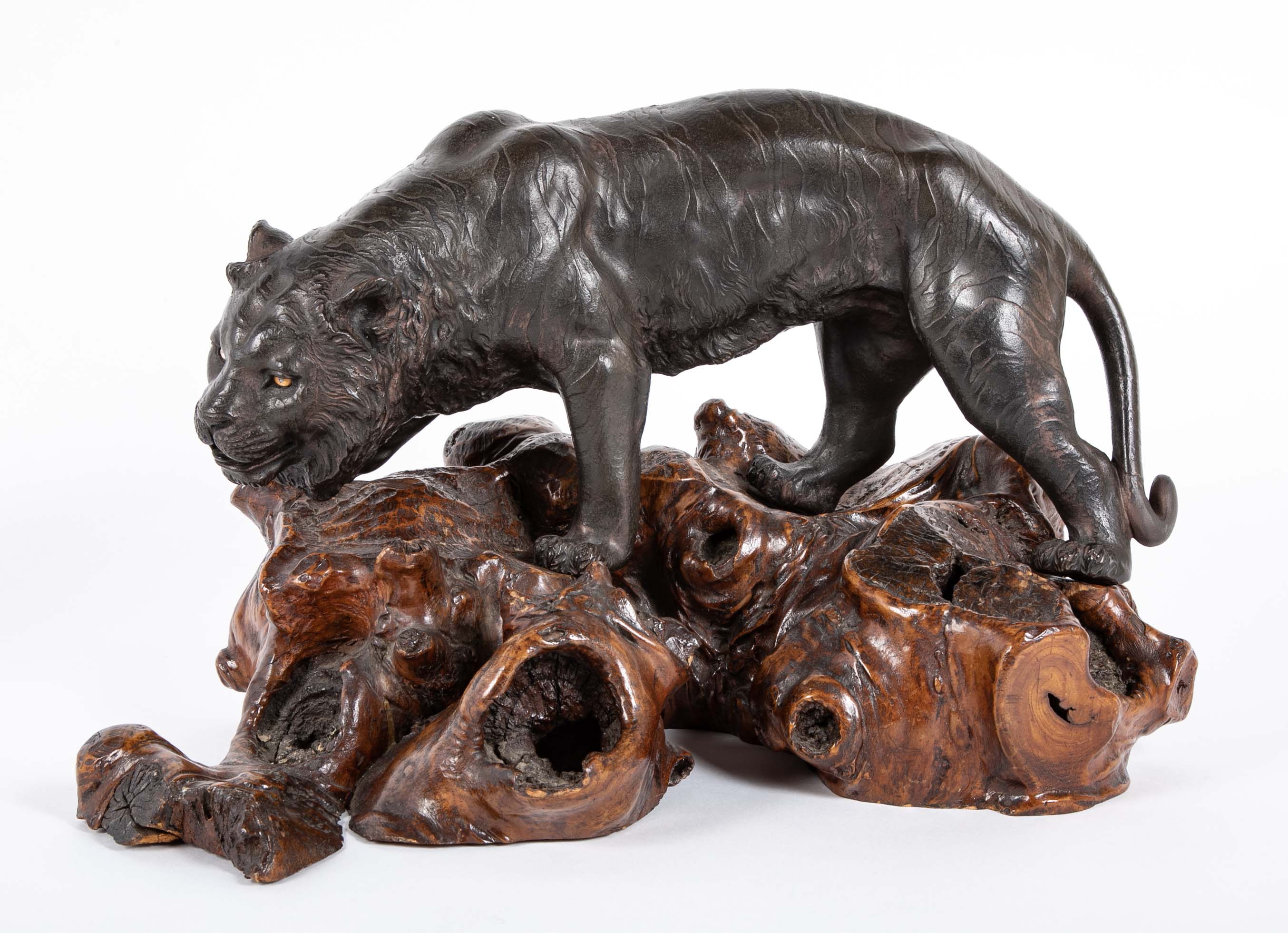 Japanese Bronze Tiger Sculpture on Wooden Wabi Sabi Base