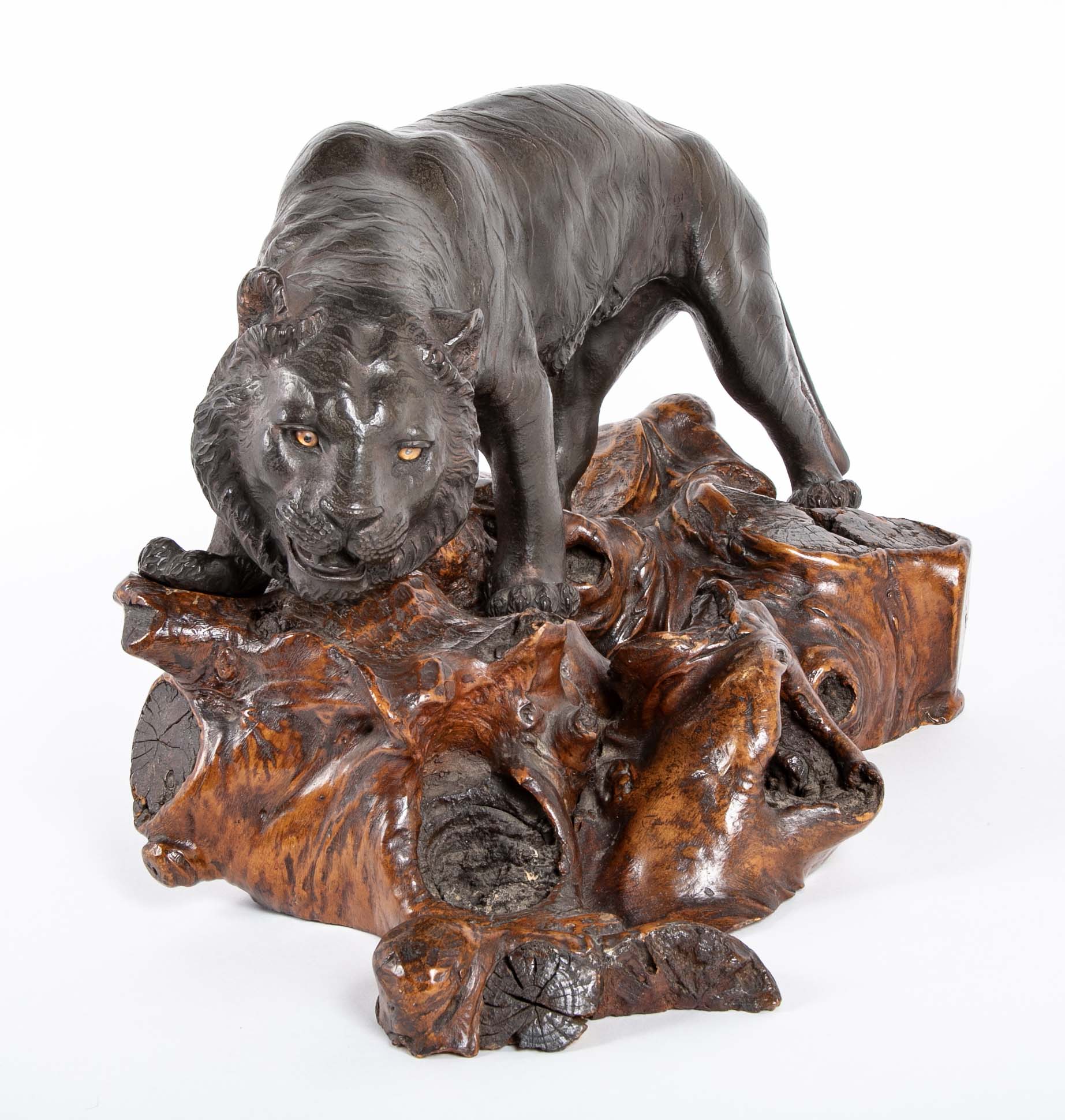 Japanese Bronze Tiger Sculpture on Wooden Wabi Sabi Base