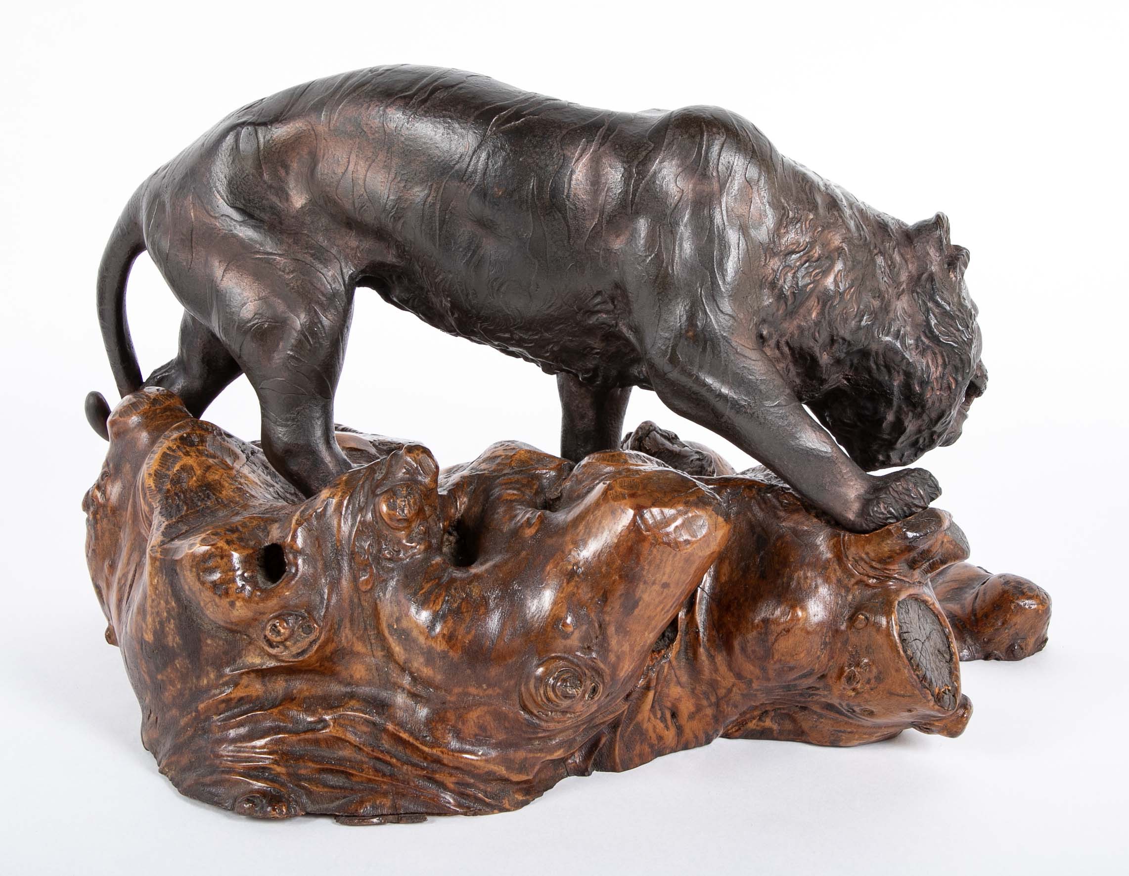Japanese Bronze Tiger Sculpture on Wooden Wabi Sabi Base