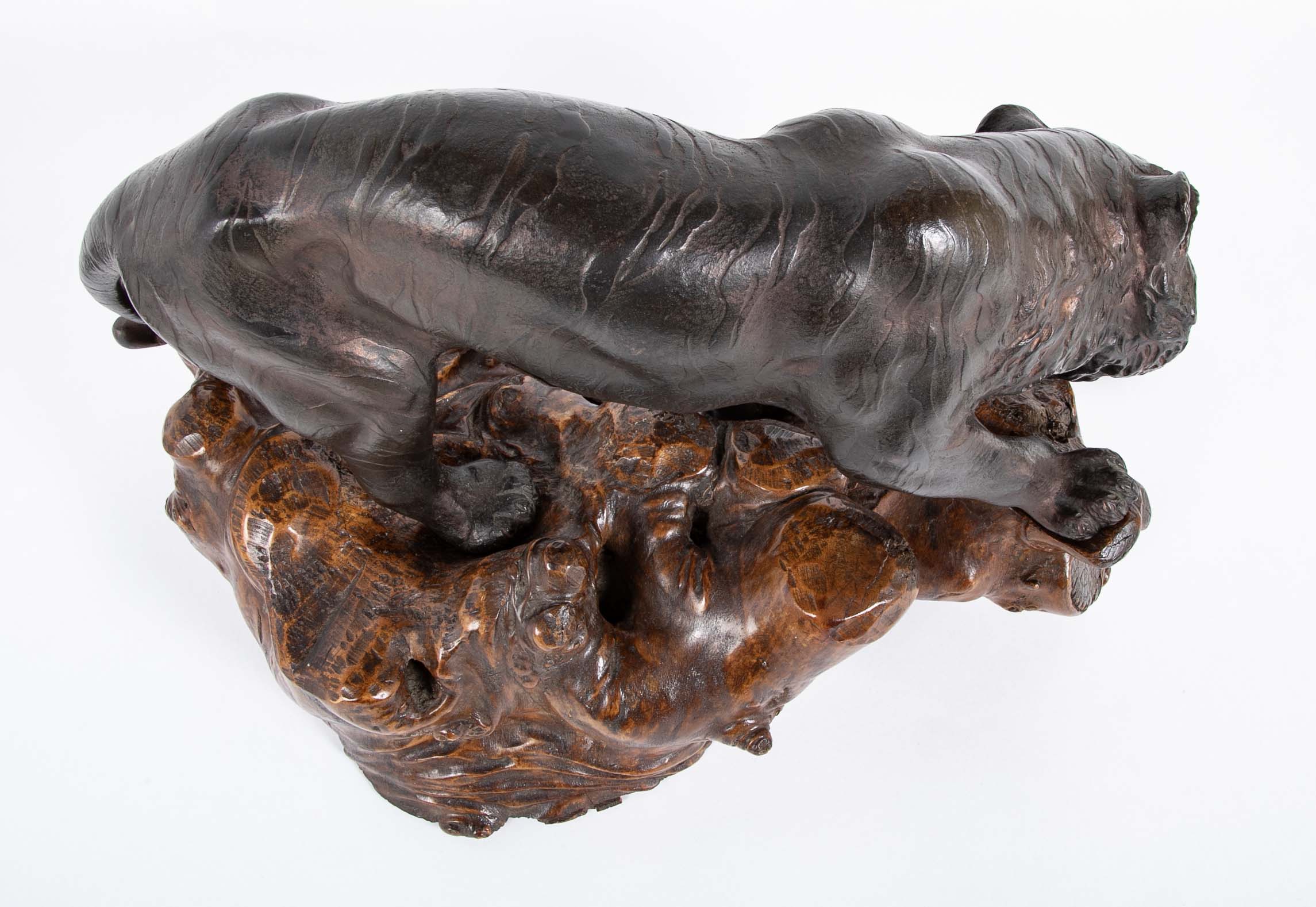 Japanese Bronze Tiger Sculpture on Wooden Wabi Sabi Base