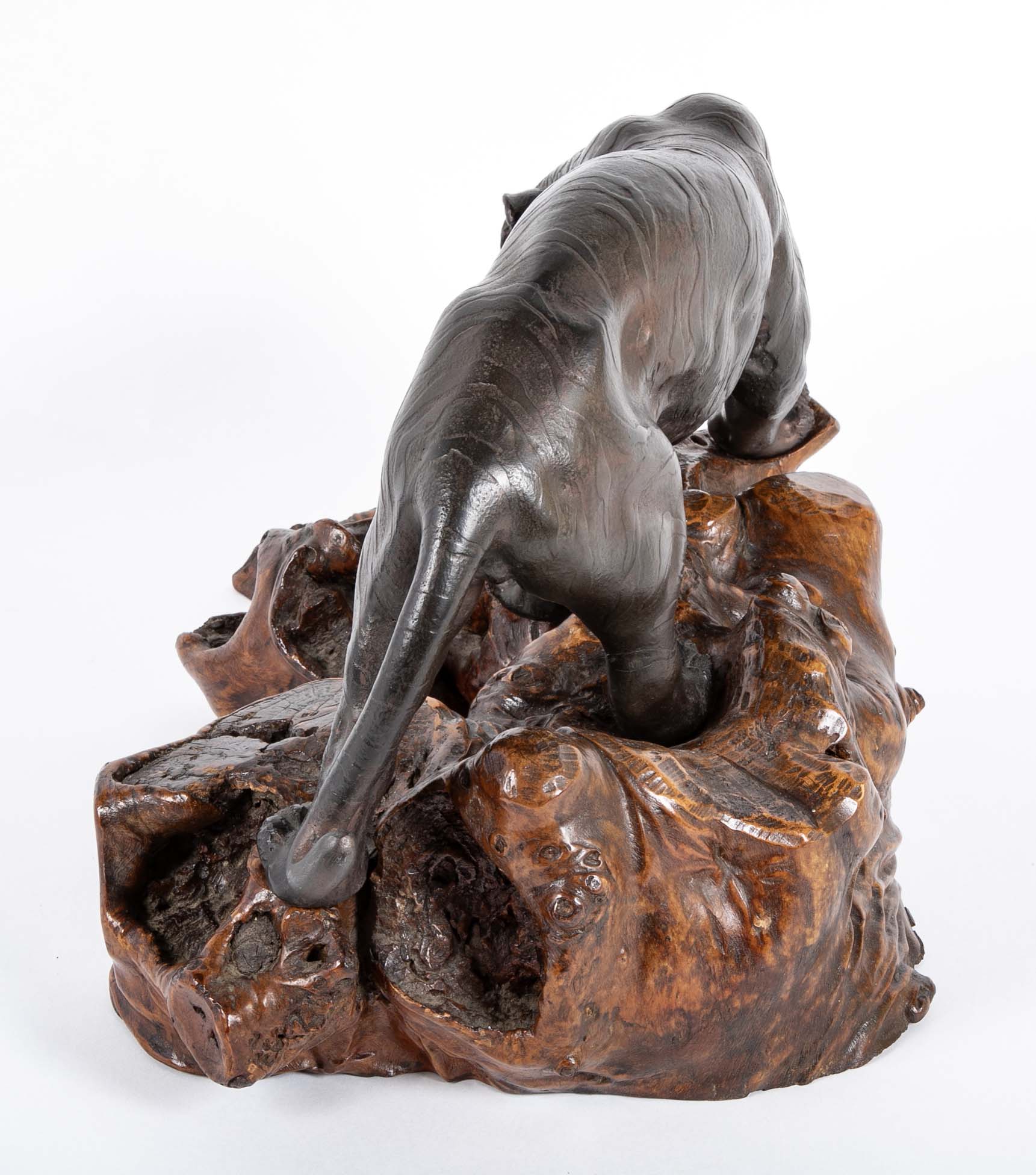 Japanese Bronze Tiger Sculpture on Wooden Wabi Sabi Base