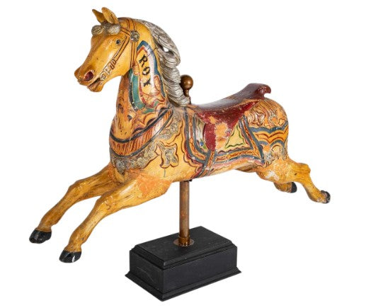 American Carved & Polychrome Wood Carousel Horse-“Roy” County Fair Style Circa 1890-1915 mounted on display stand.