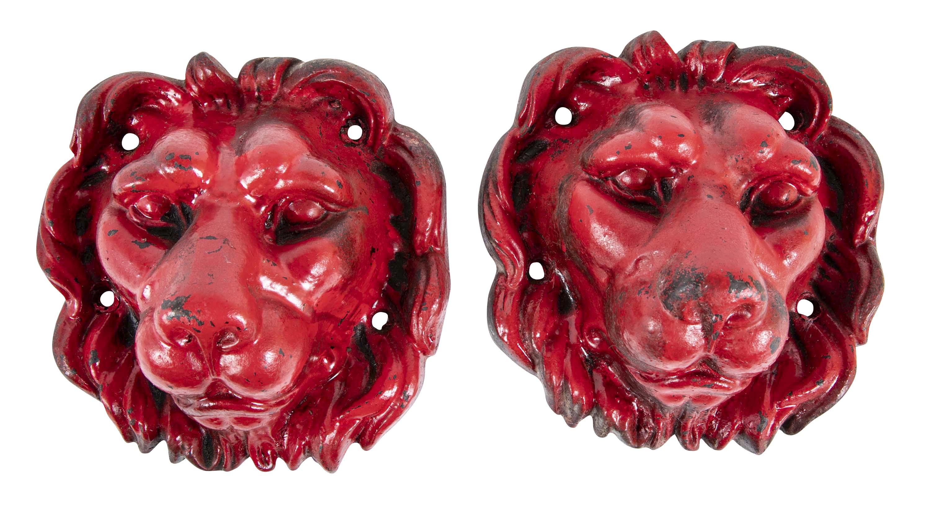 Pair of Red Painted Cast Iron Lion Head Wall Mounts