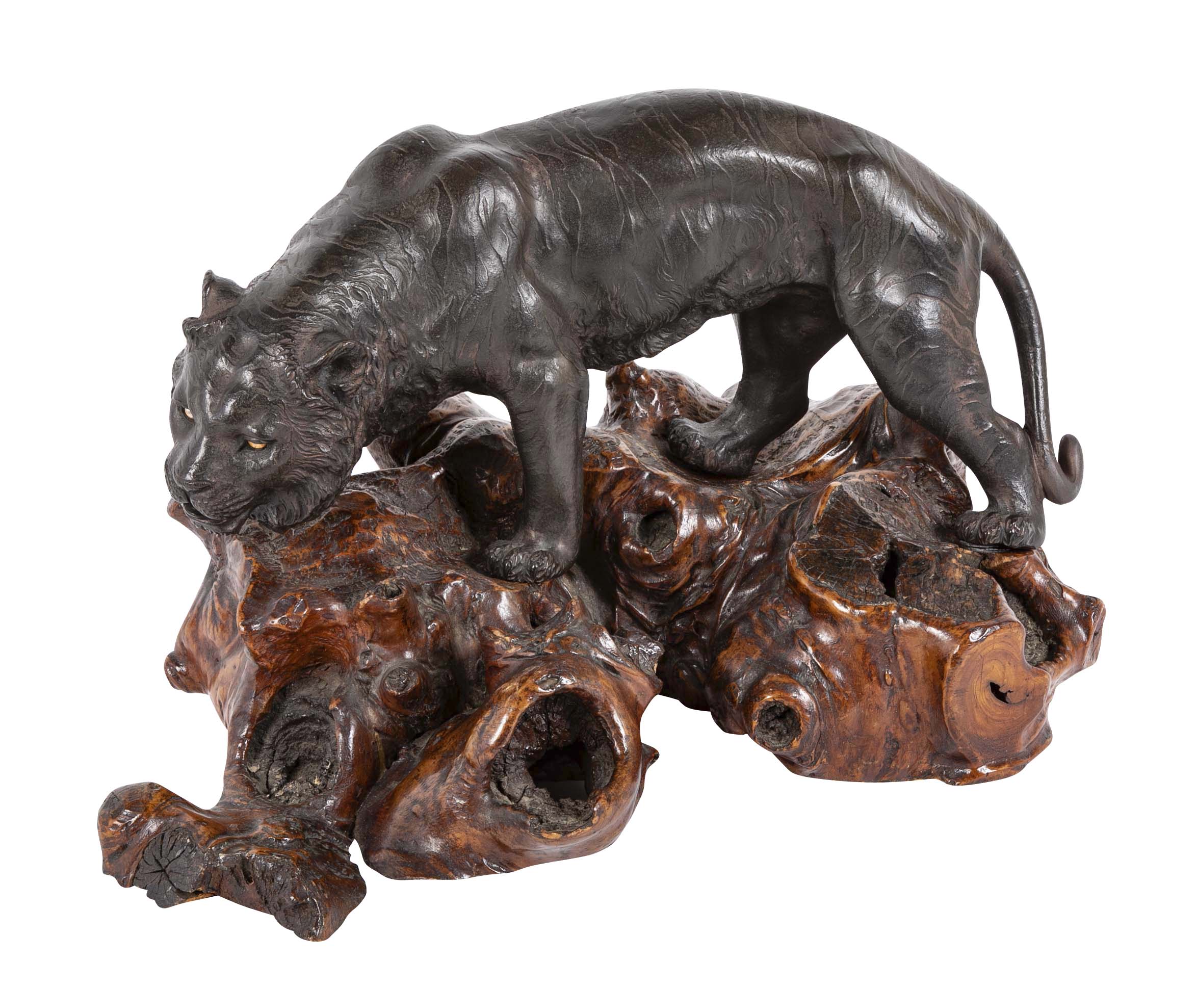 Japanese Bronze Tiger Sculpture on Wooden Wabi Sabi Base
