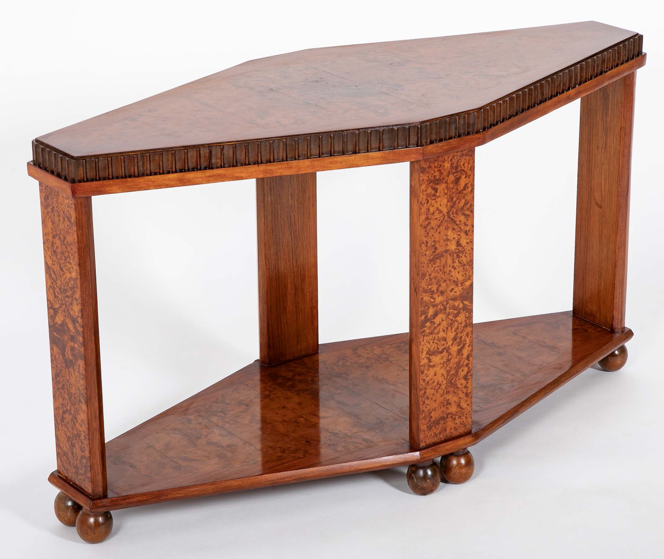 Art Deco "Diamond" Shape Burl Walnut Table with Undershelf