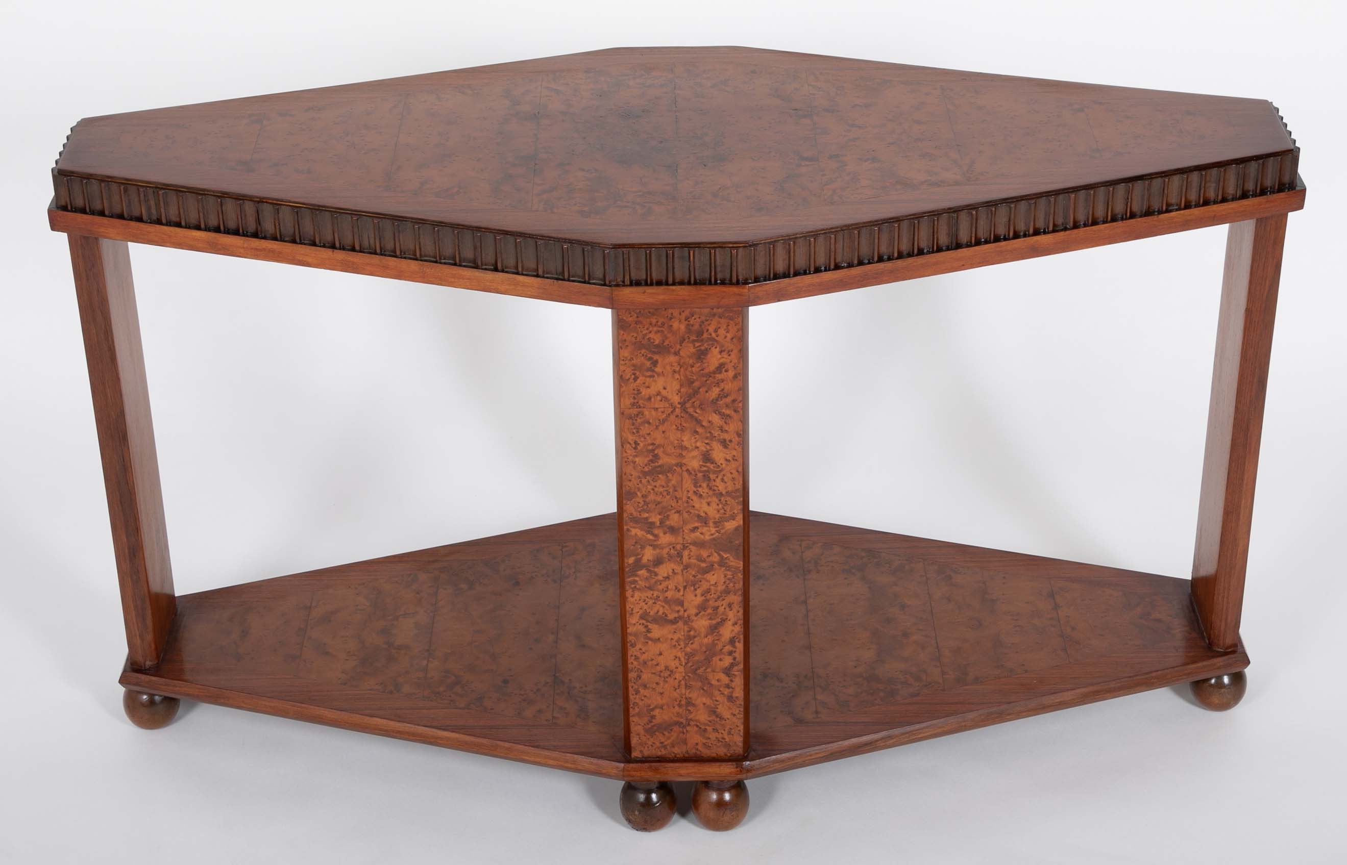 Art Deco "Diamond" Shape Burl Walnut Table with Undershelf