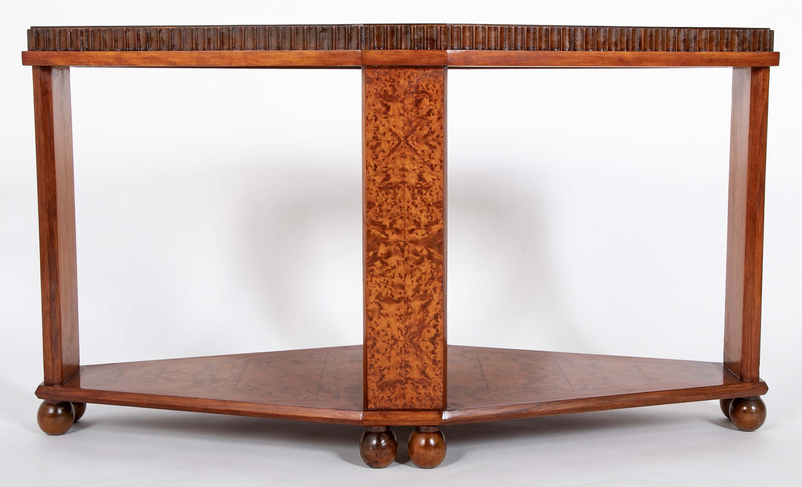 Art Deco "Diamond" Shape Burl Walnut Table with Undershelf