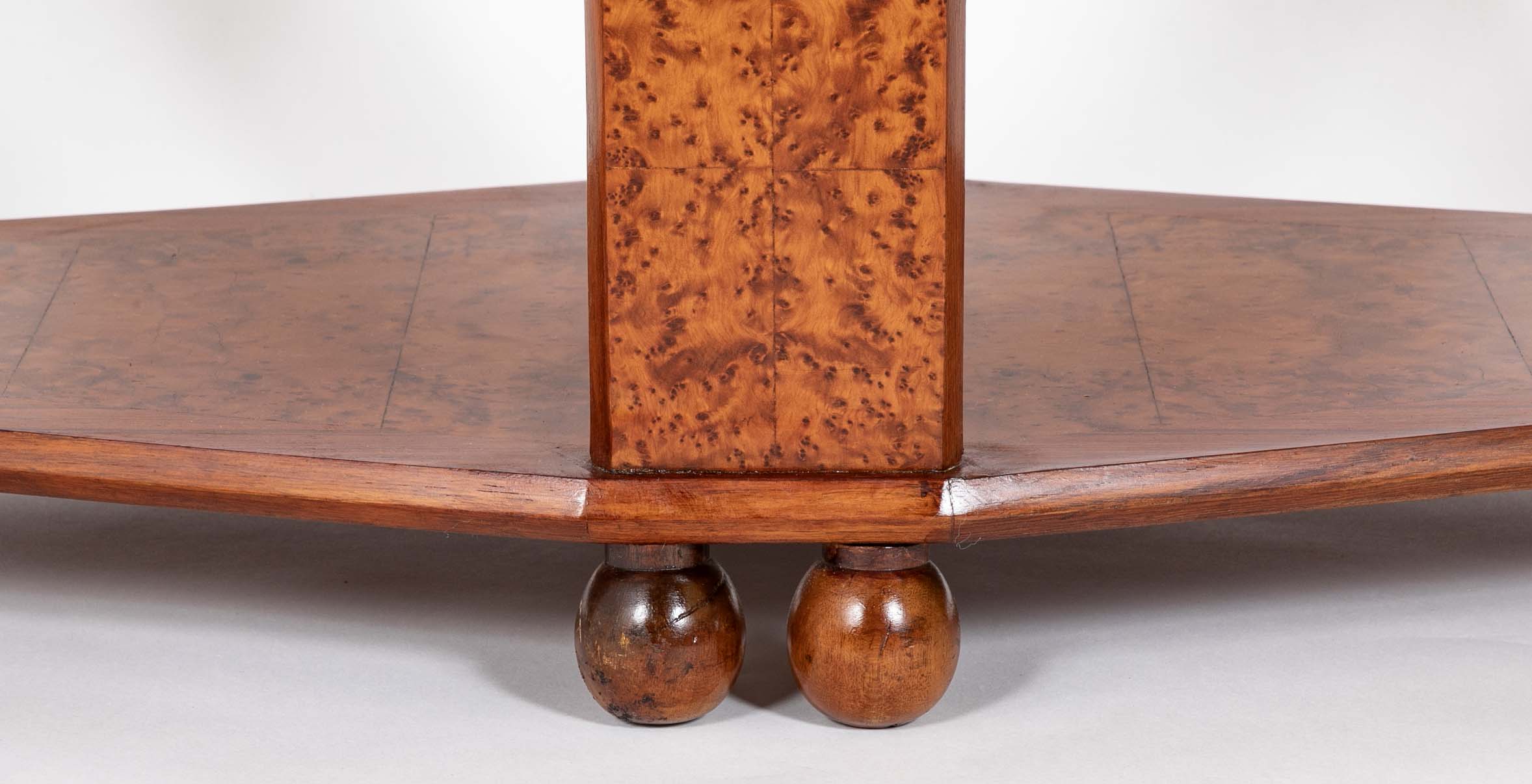 Art Deco "Diamond" Shape Burl Walnut Table with Undershelf