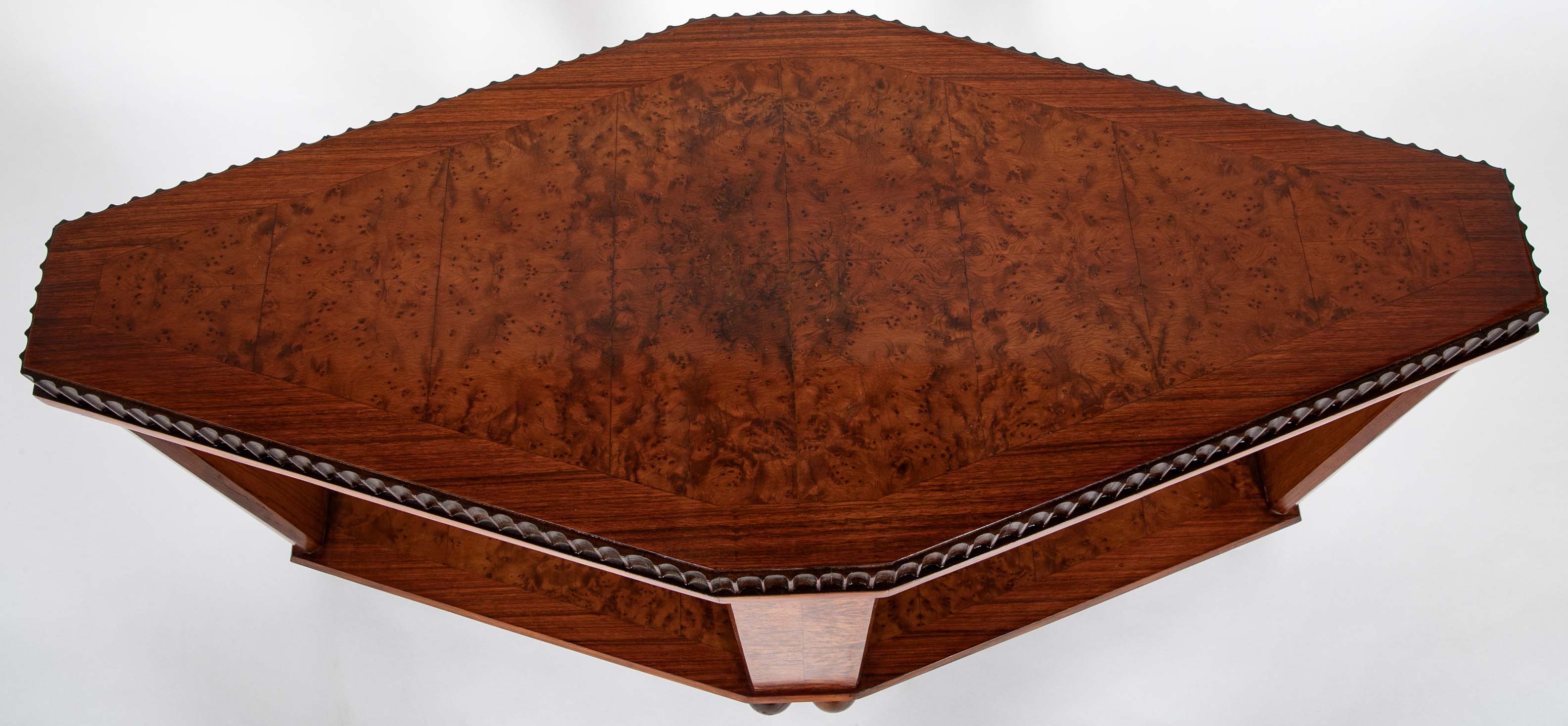 Art Deco "Diamond" Shape Burl Walnut Table with Undershelf