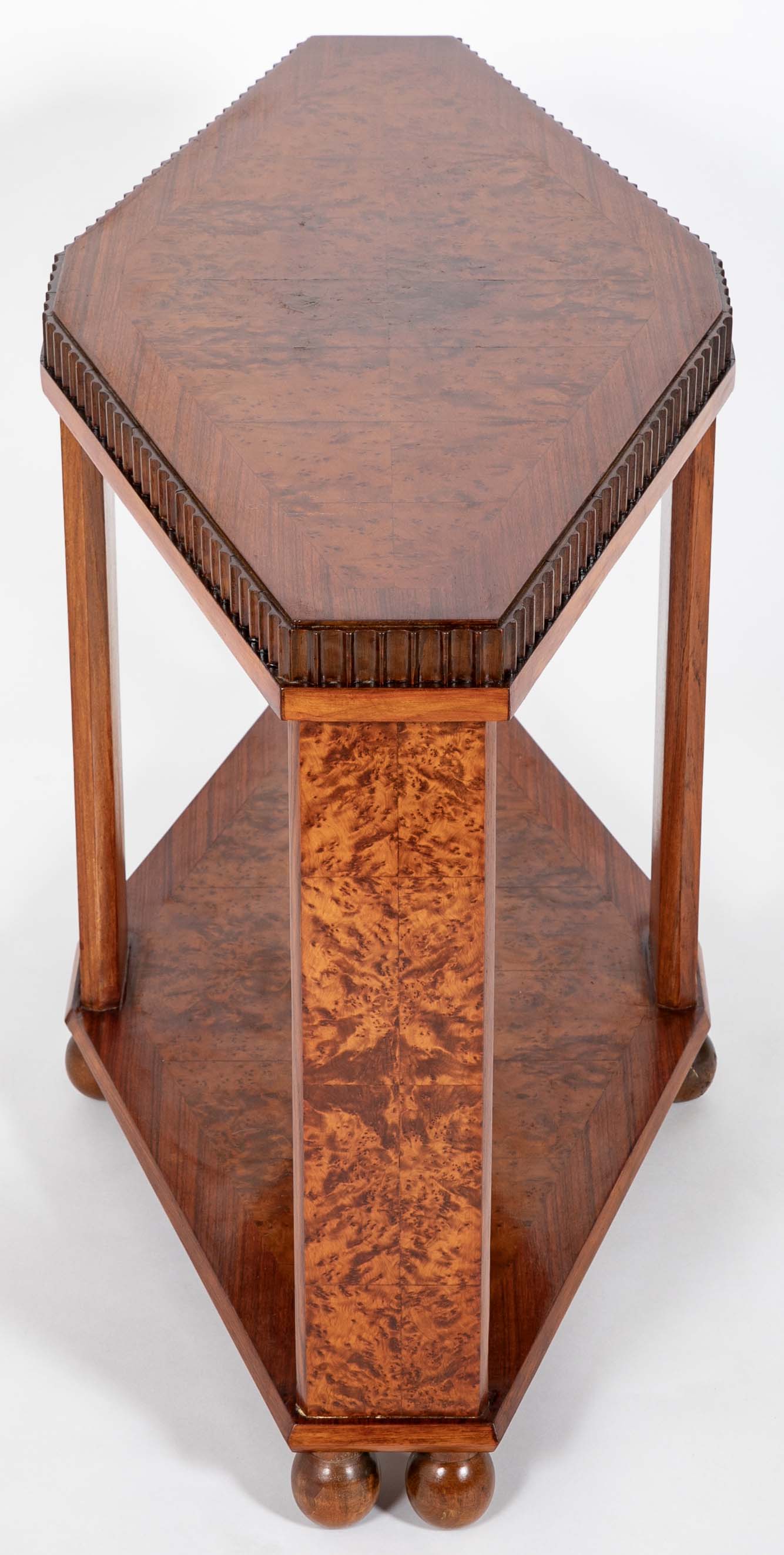 Art Deco "Diamond" Shape Burl Walnut Table with Undershelf