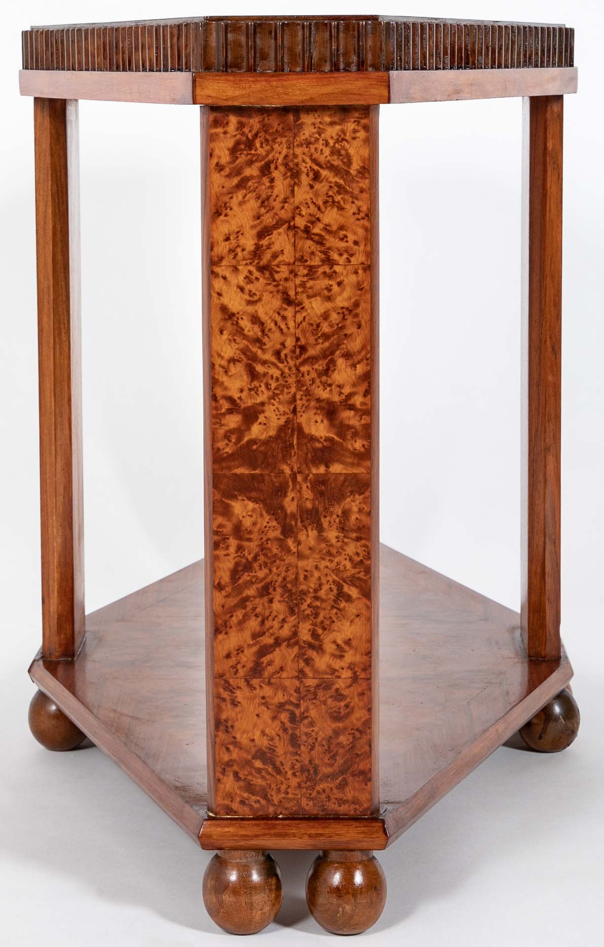 Art Deco "Diamond" Shape Burl Walnut Table with Undershelf