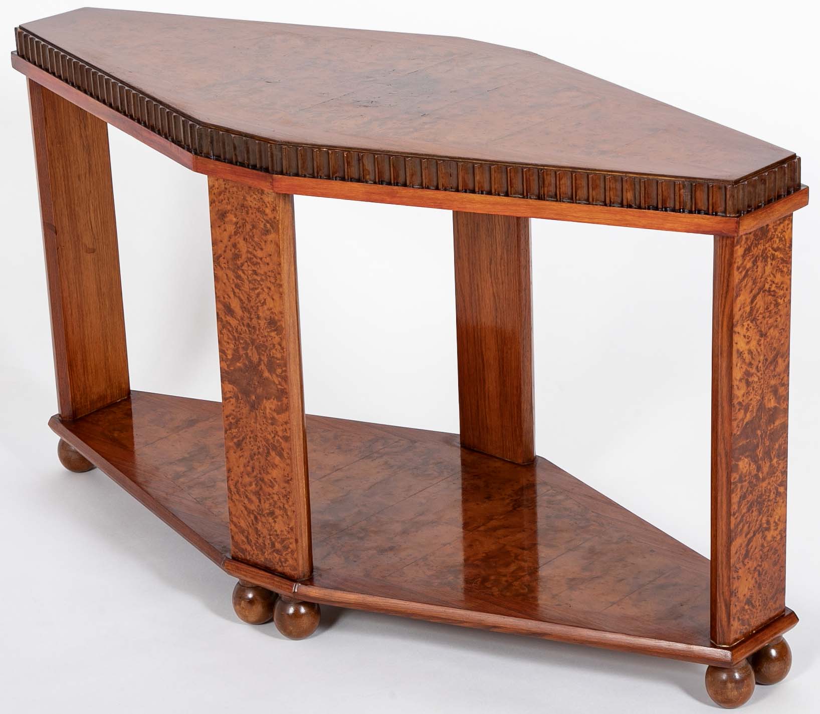 Art Deco "Diamond" Shape Burl Walnut Table with Undershelf