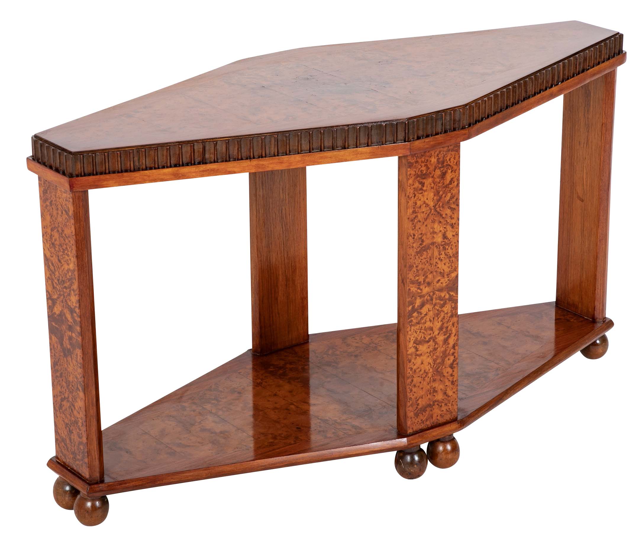 Art Deco "Diamond" Shape Burl Walnut Table with Undershelf