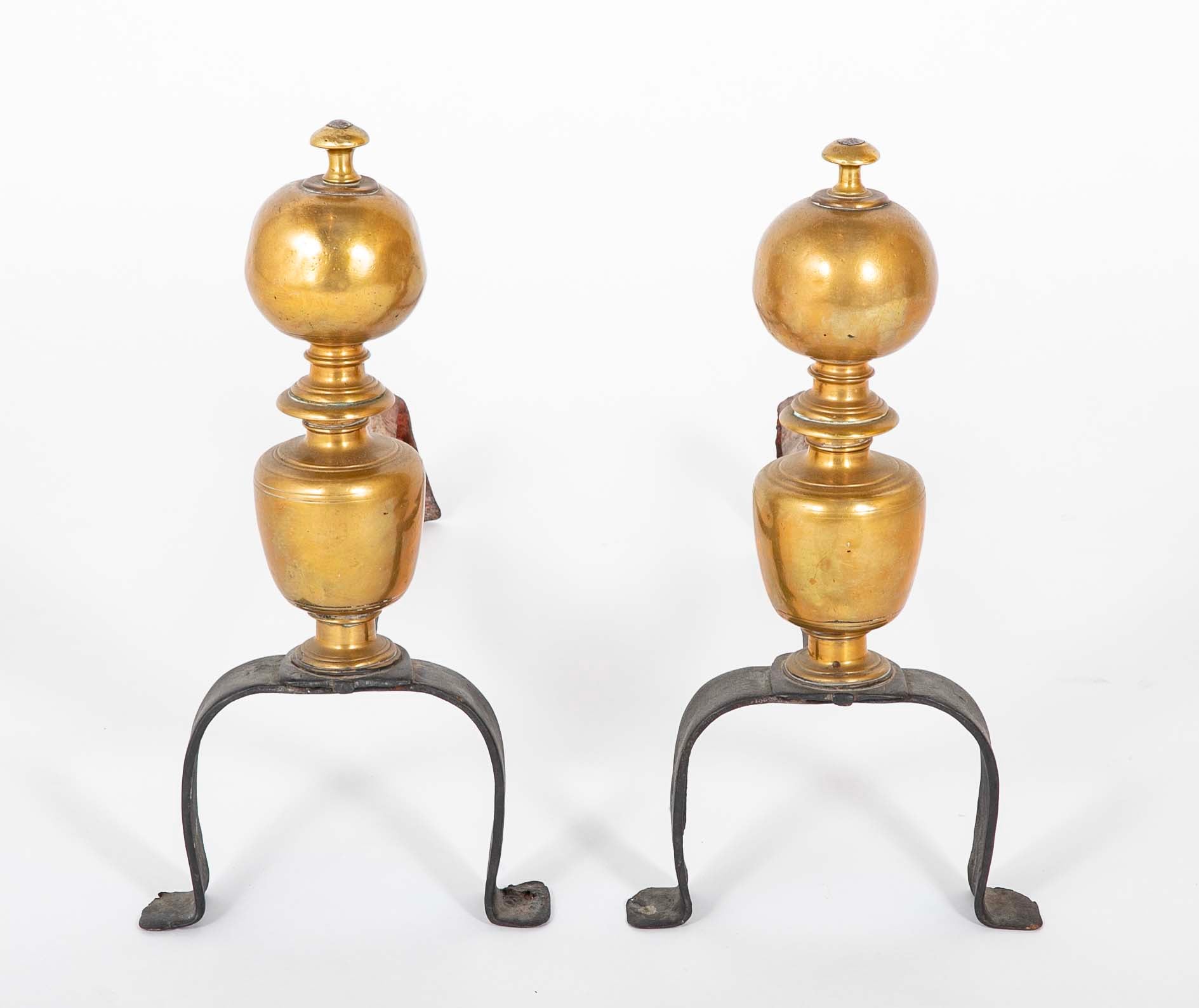 Pair of English or European Brass Andirons