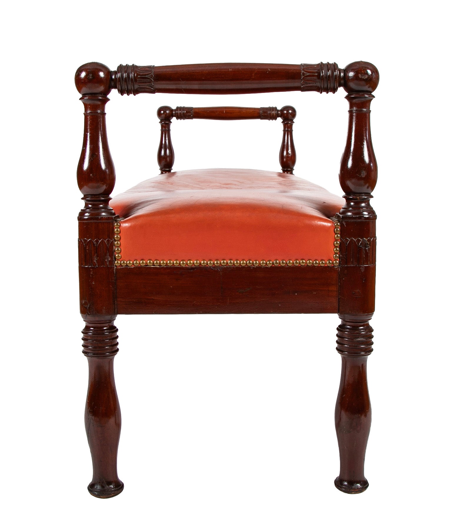 European Mahogany Window Bench with Leather Upholstered Seat