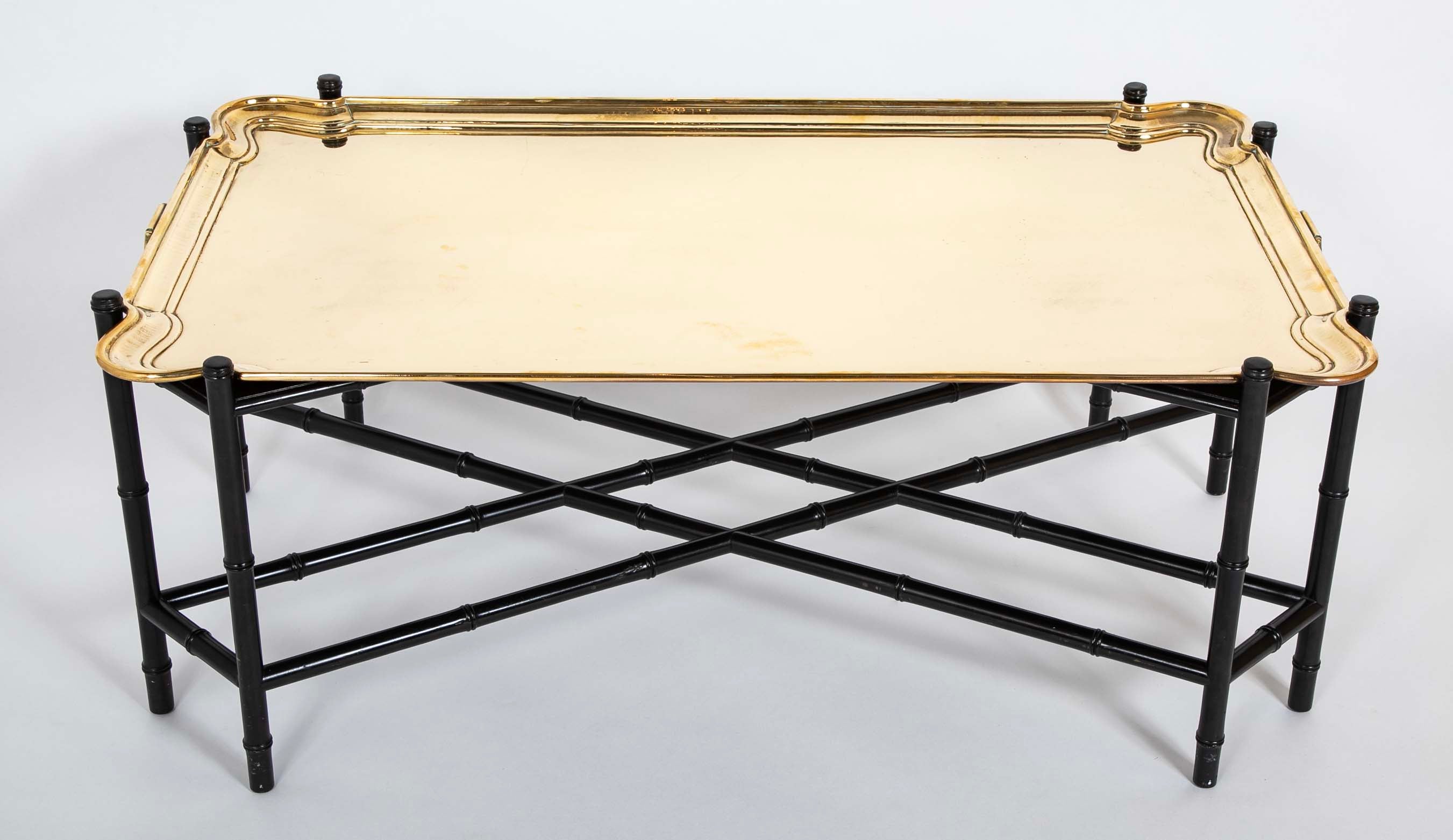 Brass Molded and Curved Edge Tray Table on Ebonized Faux Bamboo Stand