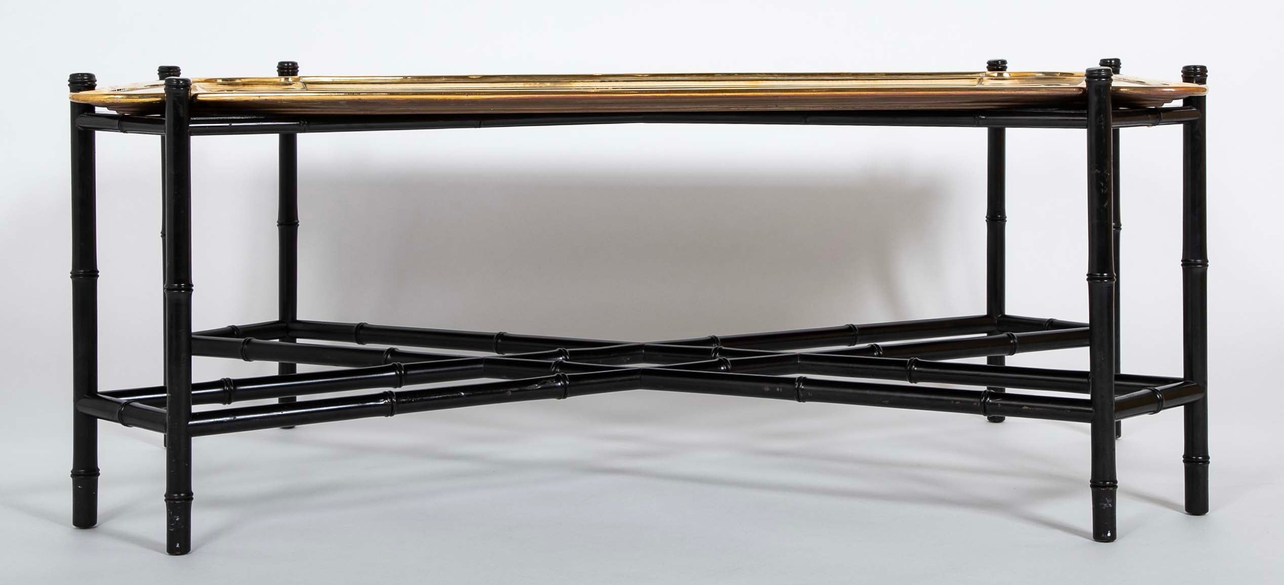 Brass Molded and Curved Edge Tray Table on Ebonized Faux Bamboo Stand